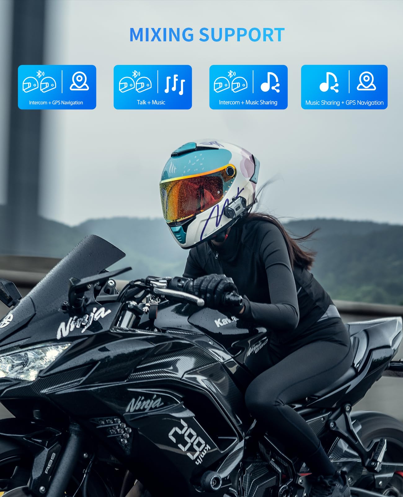 FreedConn Free+ - Auriculares Bluetooth para casco de motocicleta, intercomunicador de 256 conductores de 2000 m, red de malla de conexión automática con cancelación de ruido, audio de alta resolución