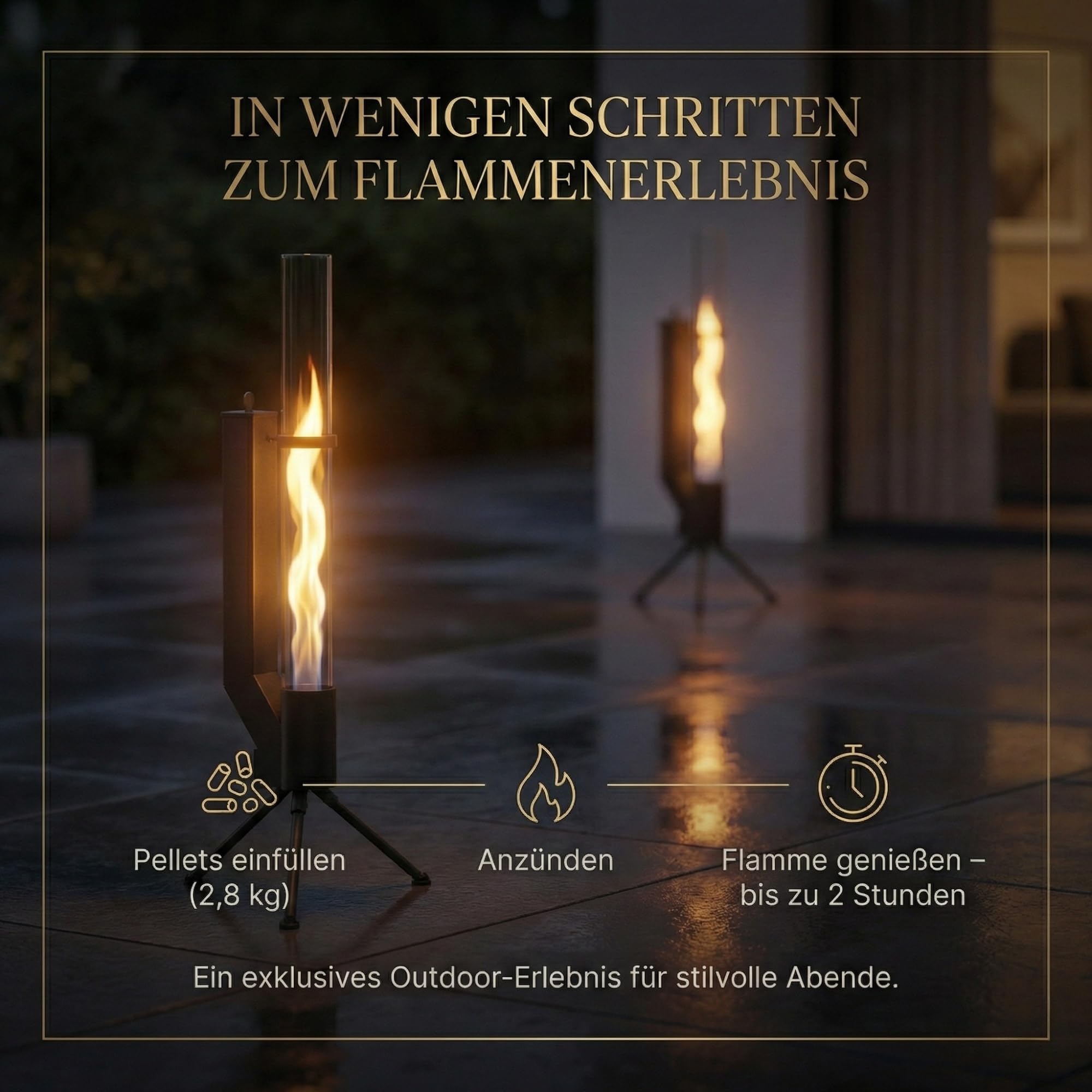 Albatros Torche à granulés de qualité supérieure - Noir - Poêle fusée pour le jardin - Avec tuyau de feu en verre - Chauffage de terrasse - Foyer d'extérieur sans électricité - Jusqu'à 2 heures de
