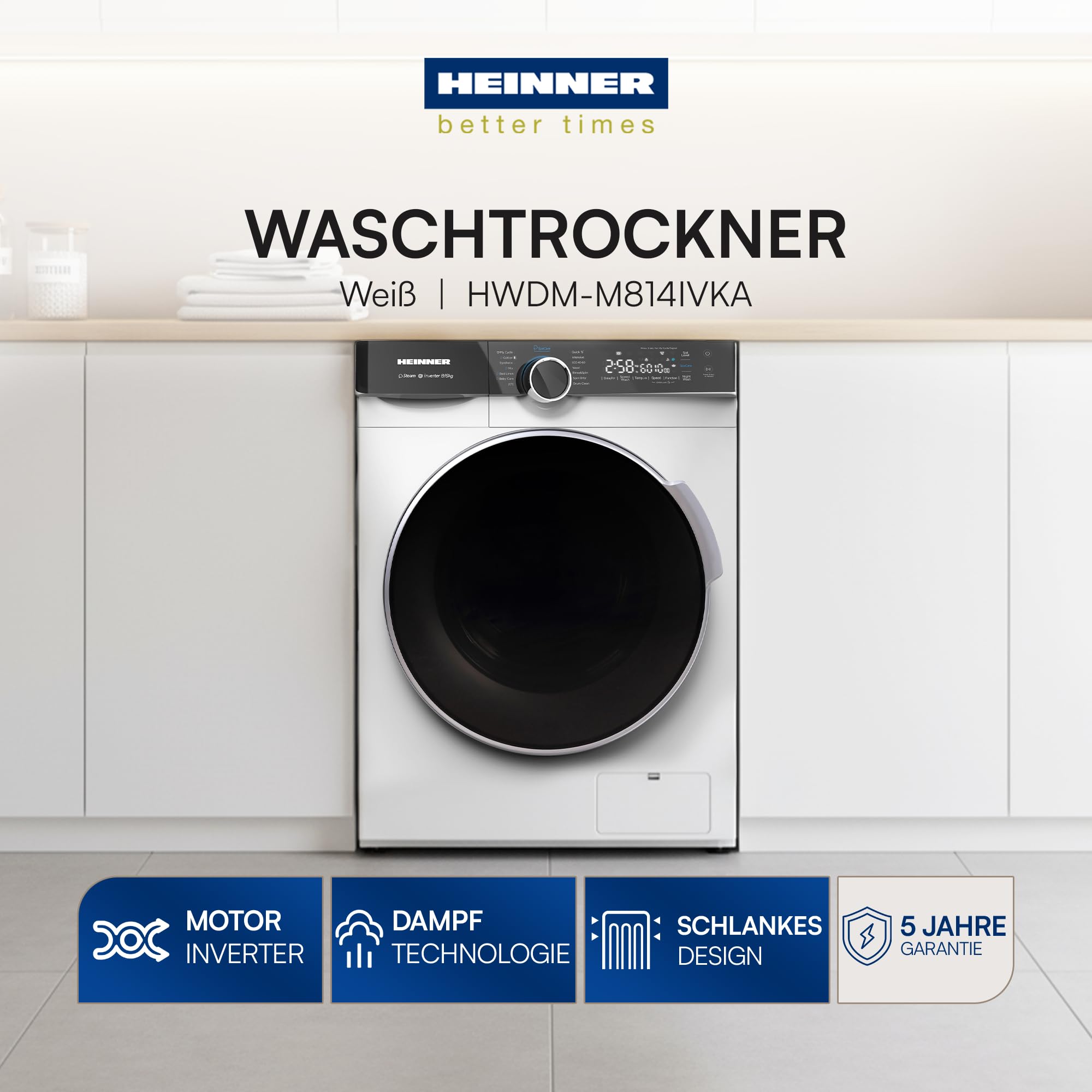 HWDM-M814IVKA Waschtrockner Combo – 8 kg Waschen/6 kg Trocknen, 1400 U/min, 15 Programme, LED-Touch-Display, Inox-Finish, Energieklasse A, 5 Jahre Garantie (8/6 kg) (8/6 kg)