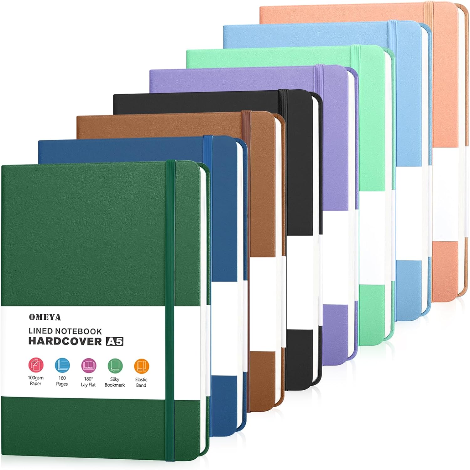 OMEYA 8 Pack Lined Journal Notebooks for Work, 100gsm Thick Paper, 5.7"x 8.3", College Ruled A5 Notebook Bulk, Leather Journal for Writing, Hardcover Notebooks for School, Office, Journal for Women