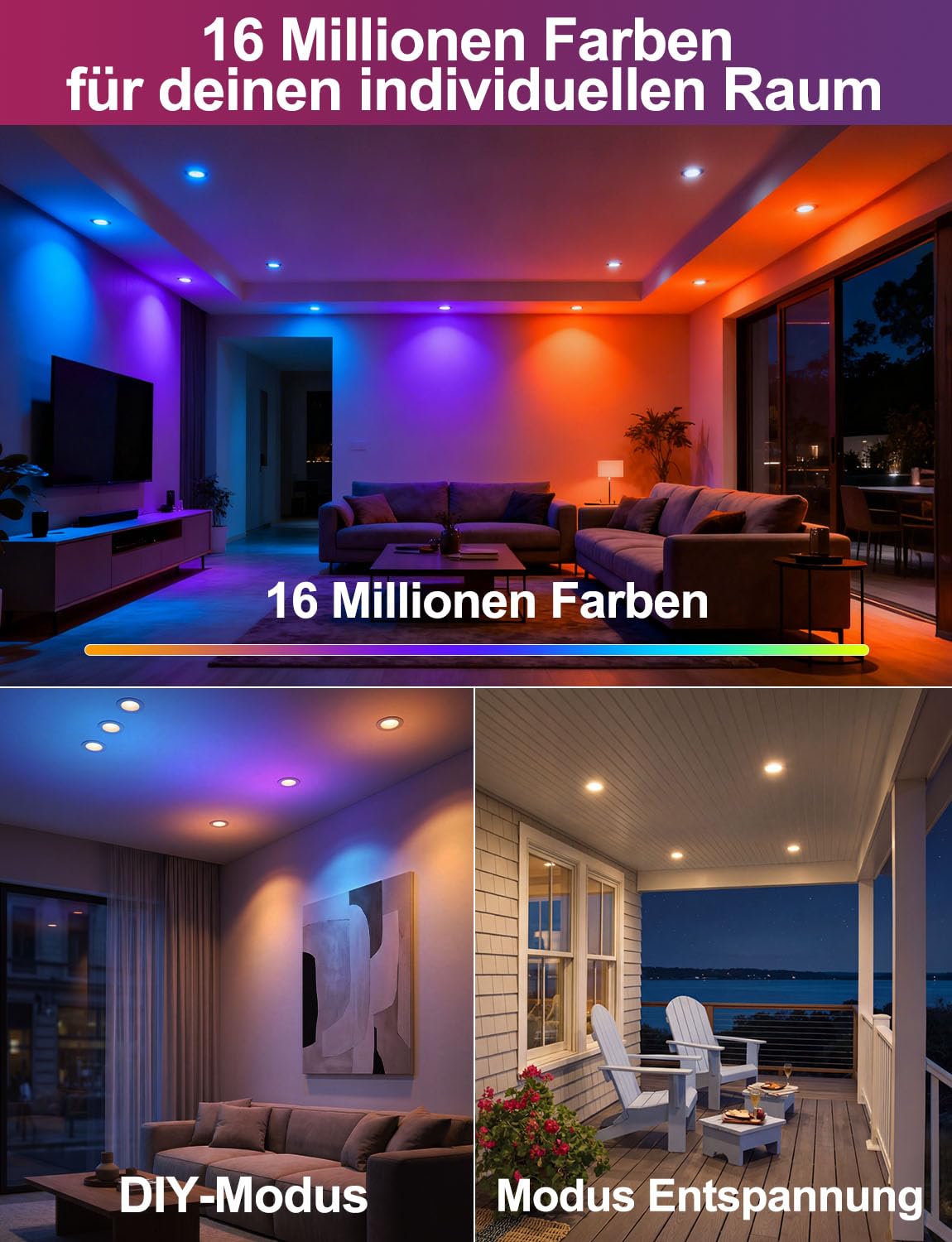iLC LED Einbaustrahler 8W(ersetzt 60W), Ausschnitt 68-85mm, 16 Millionen Farben mit App-Steuerung, 800lm, 2700K-6000K+RGB, Bluetooth Rund Deckenspots IP44 für Wohnzimmer Schlafzimmer Küche (8er-Pack)