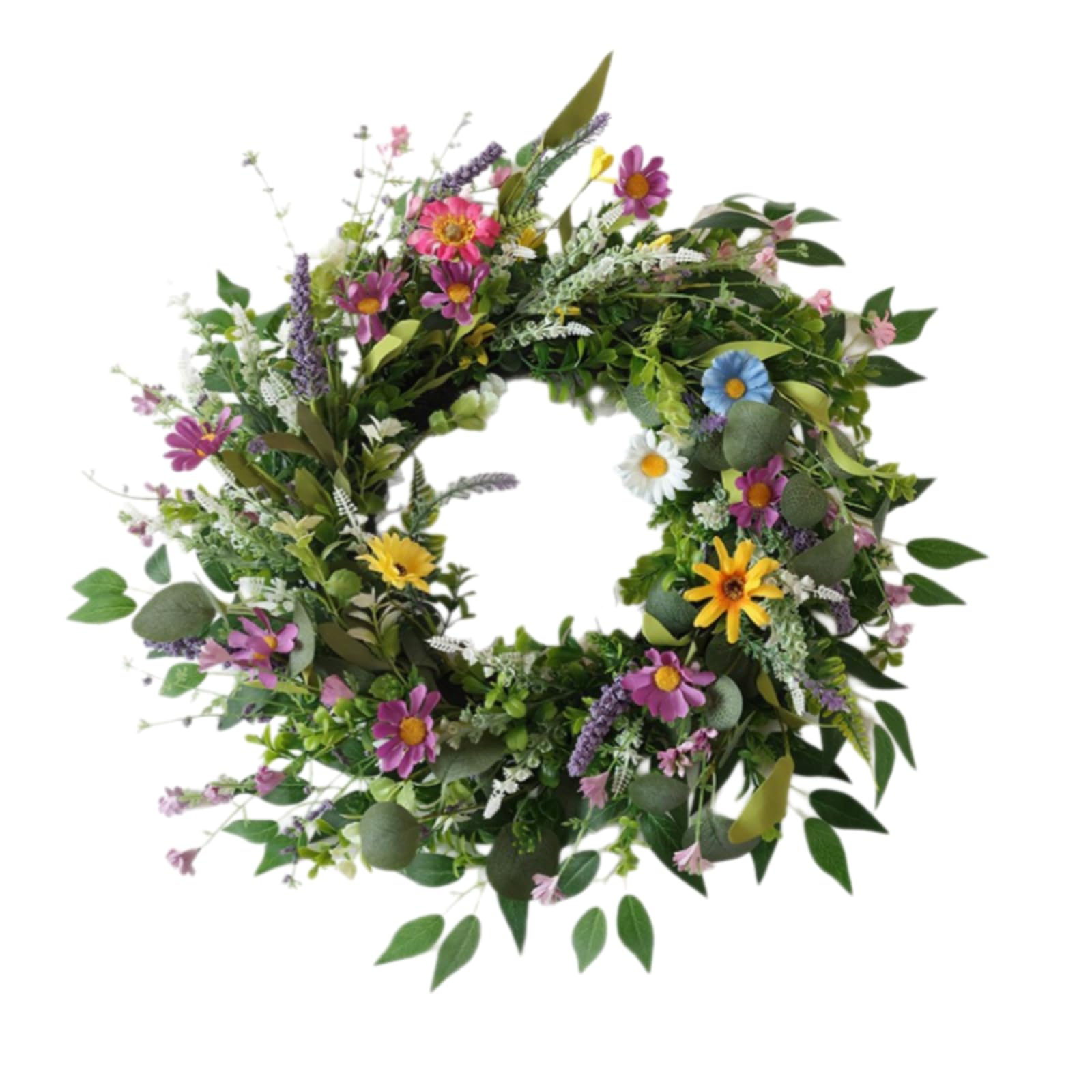 Künstlicher Frühlingskranz mit Bunten Wildblumen, Margeriten und Lavendel, Türkranz für Haustür und Wand, Natürlicher Dekokranz für Frühling und Sommer