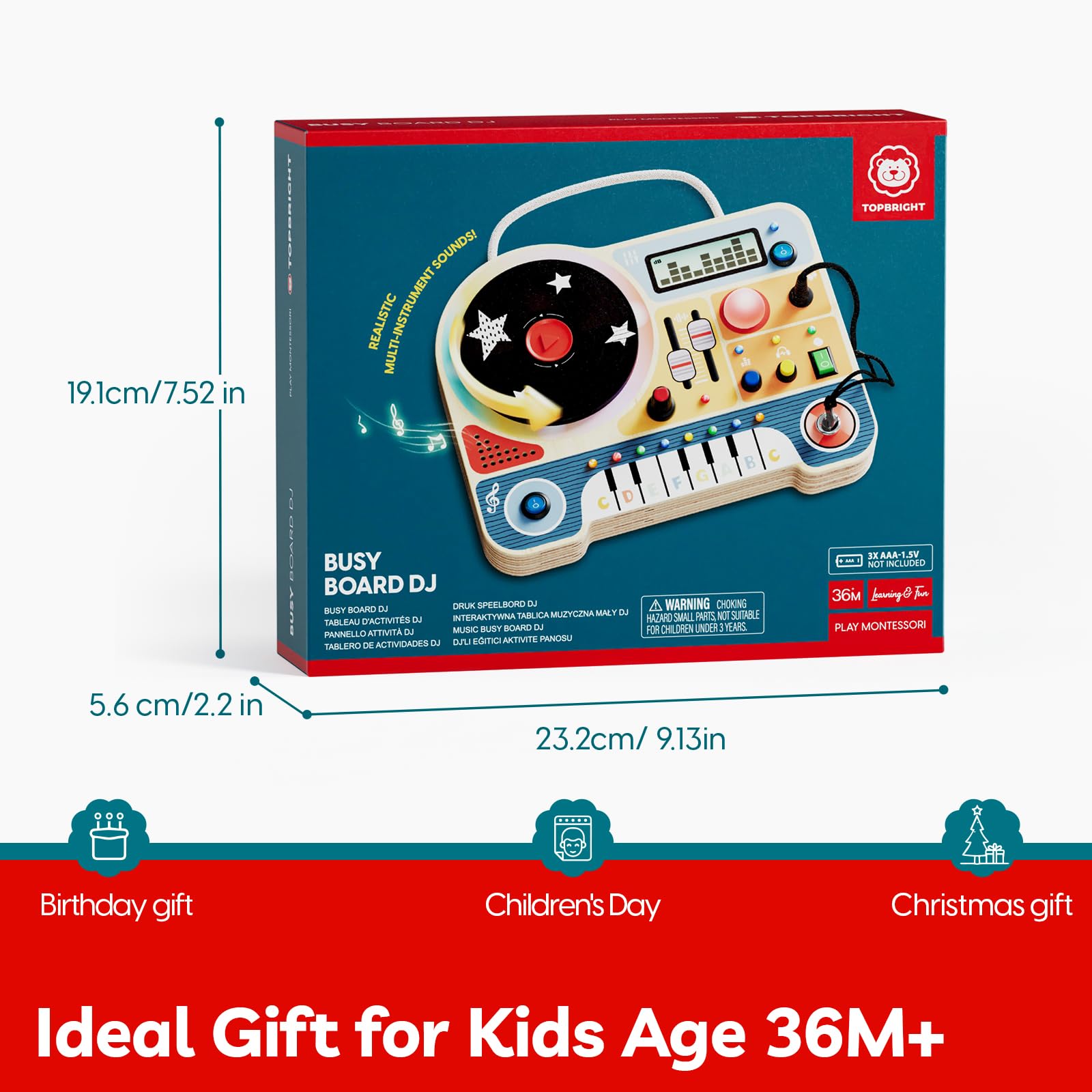 TOP BRIGHT Montessori Busy Board ab 3+ Jahr, Holz Activity Board mit Musik & bunten LED-Leuchten, Motorikspielzeug und Sensorik Spielzeug für Kleinkinder, Geschenk Jungen und Mädchen ab 3 Jahr