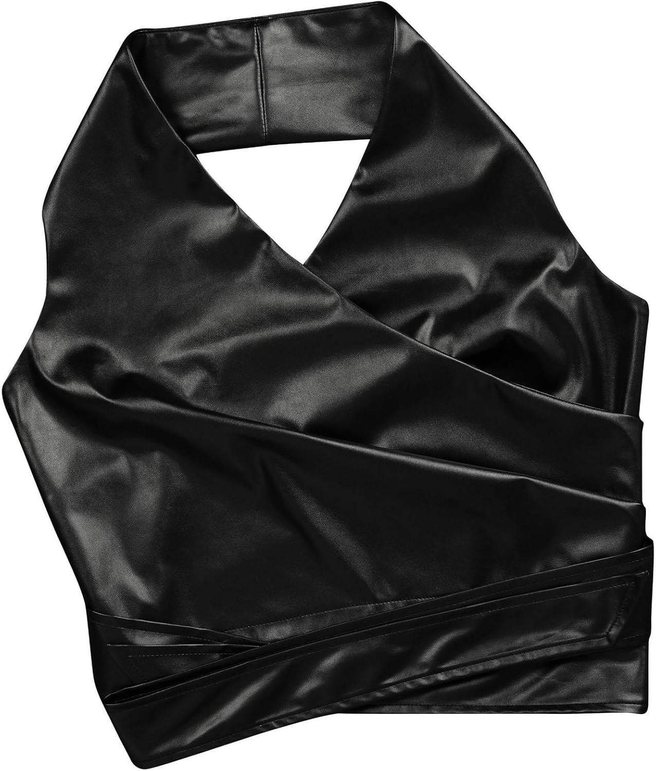 WOKANSE Womens PU Leather Stretchy 2 Piece Outfit Belted Sleeveless Halter Tops and Straight Leg Pants Set with Pocket - Image 5