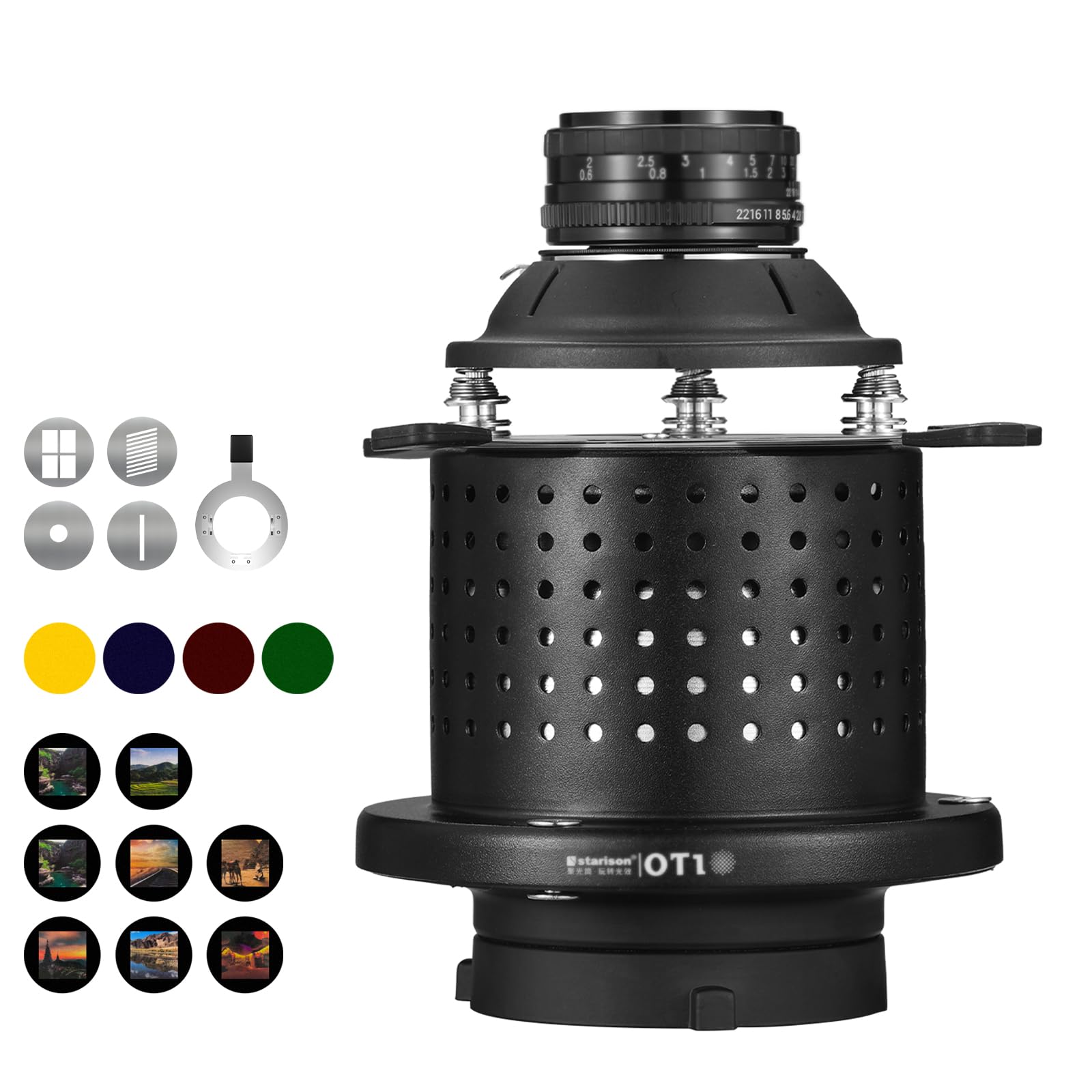 SOONPHO Snoot Optique Conique Bowens Mount avec Objectif 50mm, 8 GOBOs 4 filtres Couleur et 4 filtres Graphiques pour la Photographie créative
