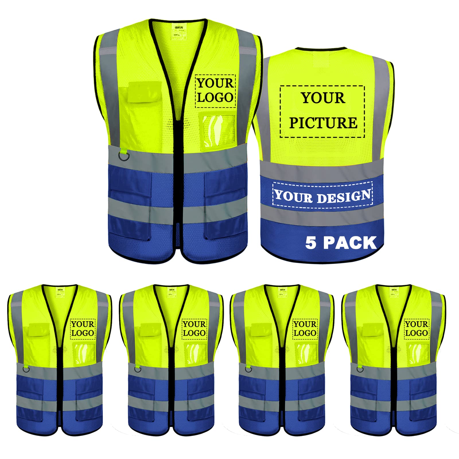 BeautyWill Custom safety Vest, Hi Vis Safety Vest with Logo Class 2 Reflective Securiry Safety Vest Construction Uniform Meets ANSI/ISEA Standards