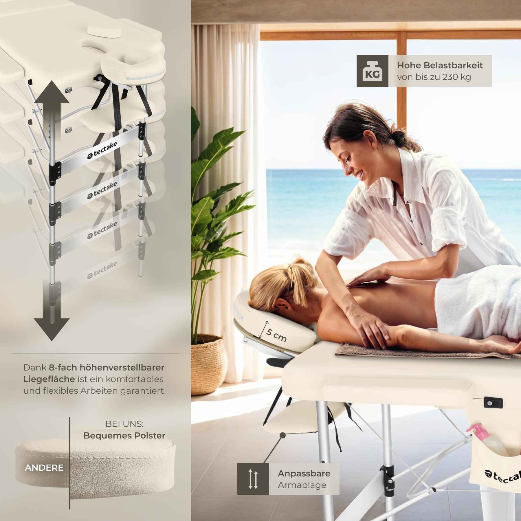 tectake Massageliege 3 Zonen klappbar höhenverstellbar Aluminium Massagetisch tragbar inkl. Zubehör beige