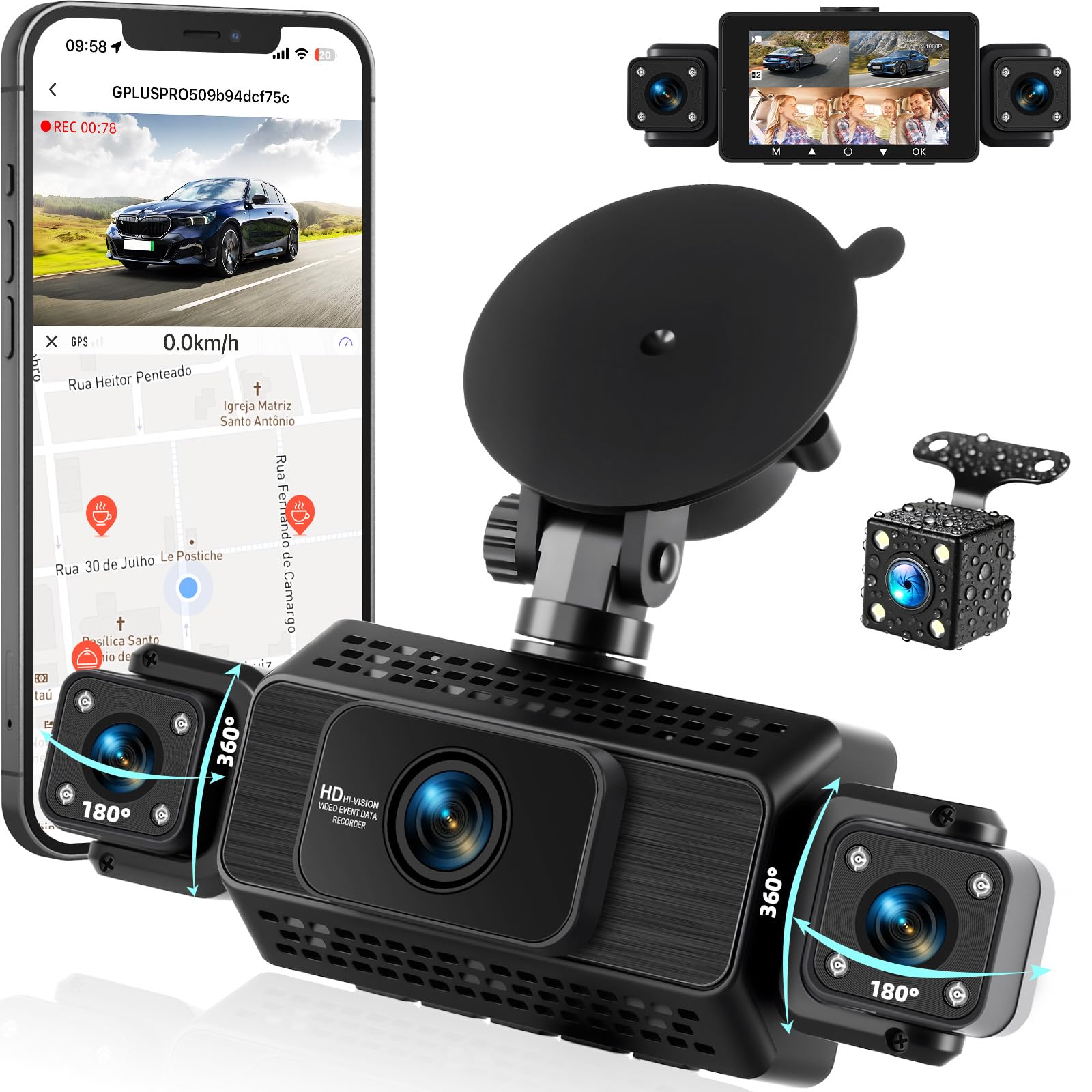 Dashcam 4 Canales Coche con App, 360° Delantera Trasera Interior Izquierda Derecha, Visión Nocturna, Grabación en Bucle, 24H Parking Monitor, Sensor G, Asistencia de Aparcamiento