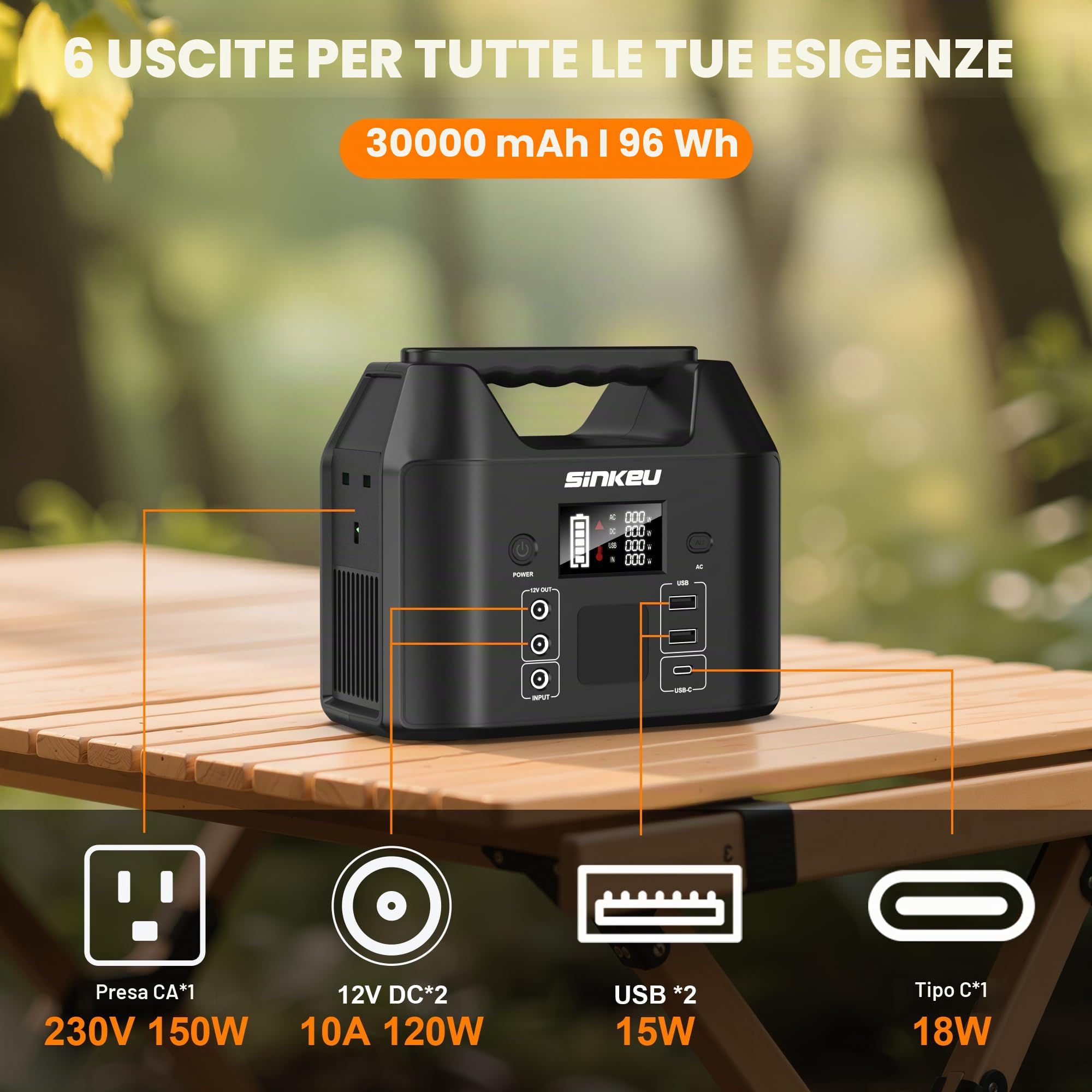 SinKeu Centrale elettrica portatile 96Wh con pannello solare 40W, 30000mAh LiFePO4 batteria generatore solare ha 230V 150W AC Outlet/12V DC/USB, alimentazione di backup per campeggio picnic giardino
