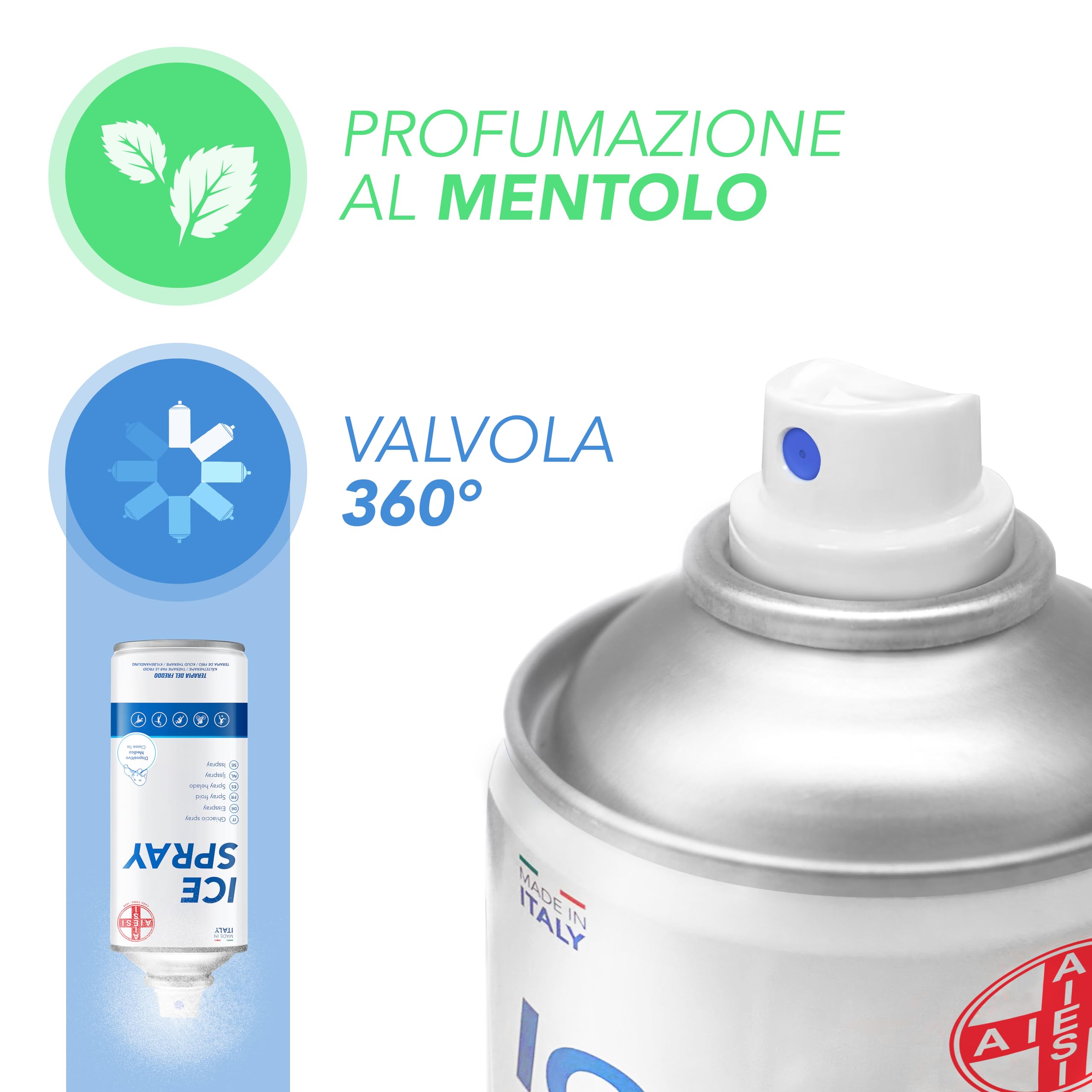 AIESI® Hielo Spray instantáneo con MENTOL lata de 400 ml ICE SPRAY, Made in Italy