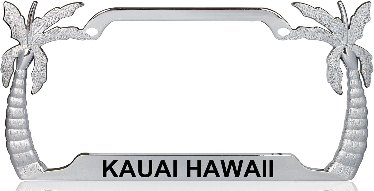 Kauai Hawaii Palm Tree Design Chrome Metal License Plate Auto Tag Frame, B3