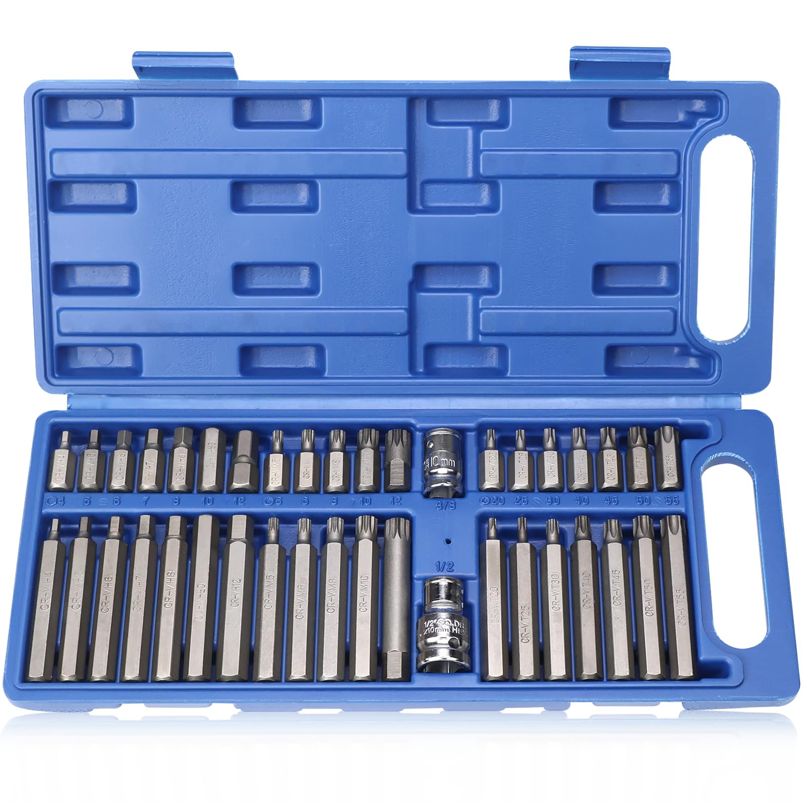 Kxvxxv Silver 40-Piece Multi-Tooth Nut Set 1/2 Inch, 3/8 Inch, Multi-Tooth Nut Set, Multi-Tooth Bit Set, Socket Spanner Set Includes Torx, Hex And Spline, T20-T55 M5-M12 H4-H12