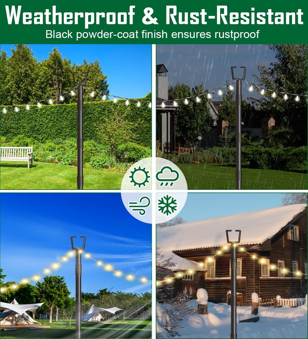 10Ft String Light Poles for Outside - 2 Pack Adjustable Metal Poles for Outdoor String Lights, Rustproof & Sturdy Light Stand Posts for Patio, Backyard, Deck, Garden, Party Decorations