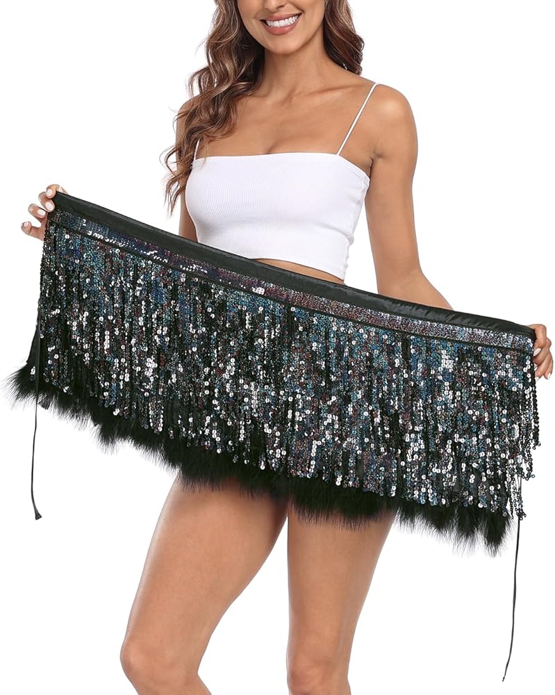 Amazon.com: HDE Women's Sequin Tassel Fringe Skirt Fur Trim