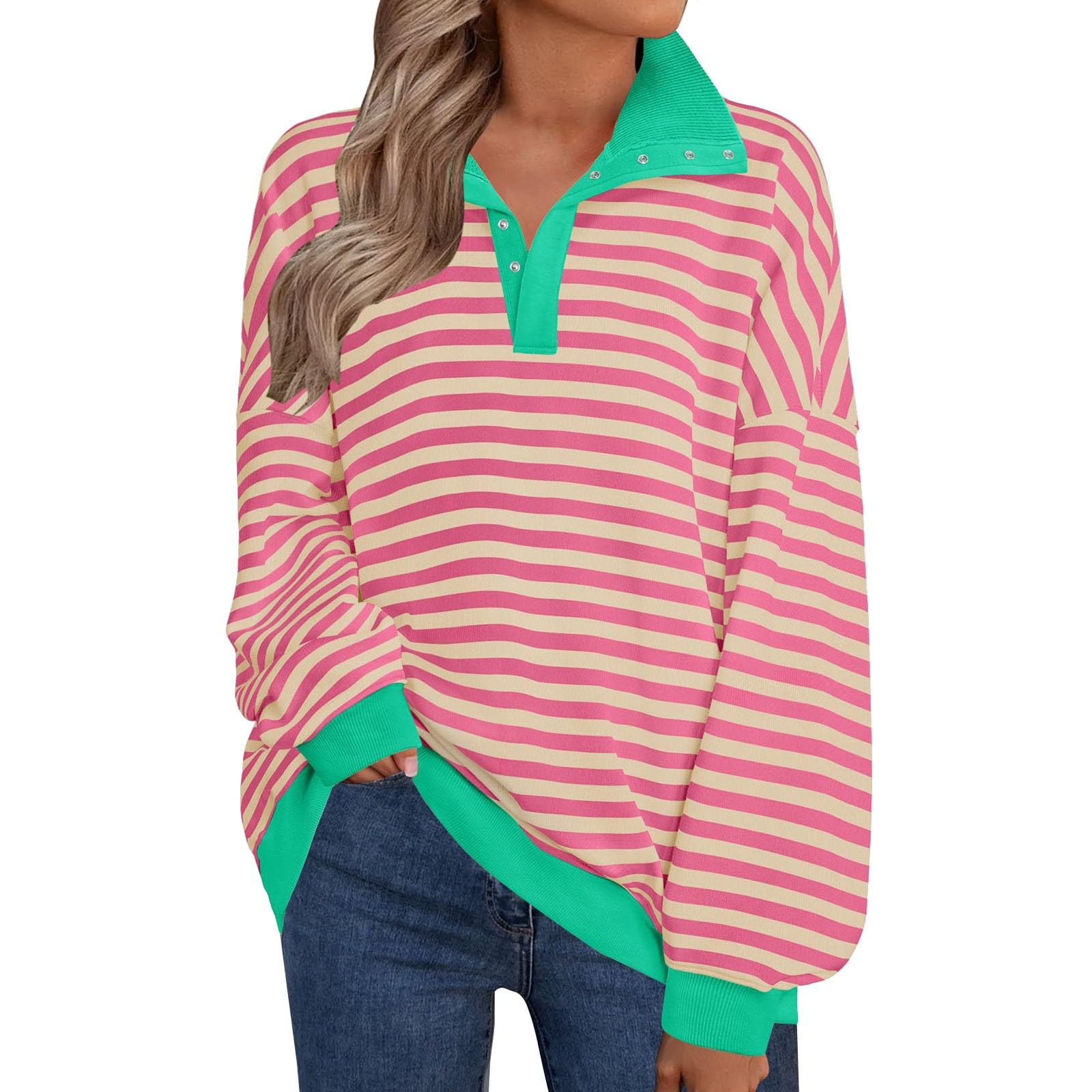 Sudadera de manga larga con cuello redondo para mujer, diseño de contraste, con solapa, diseño de contraste de color, manga larga, con botones, para descansar