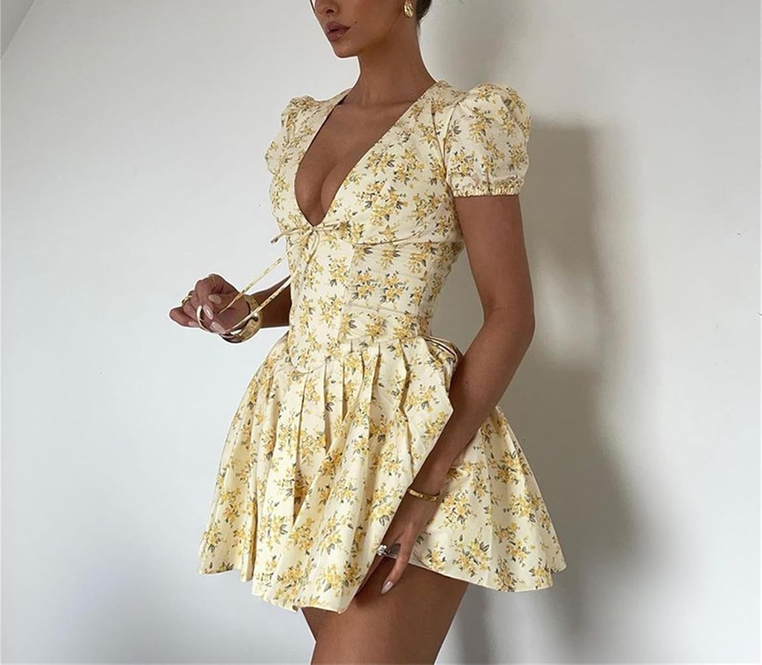 Floral Mini Dress Puff Sleeve Deep V Neck Pleated Dress Zipper Back Semi Formal Dinner Date Vacation Dress (Yellow,M,Medium) - Image 3