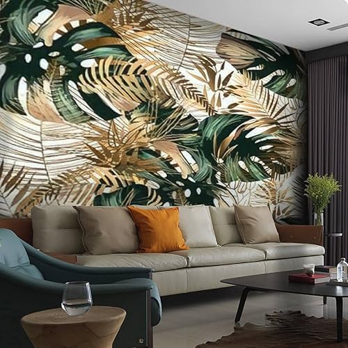 Miniatura 1 de Papel tapiz de PVC sin costuras con hojas tropicales doradas y verdes sobre un fondo blanco, papel de contacto autoadhesivo extraíble, papel de
