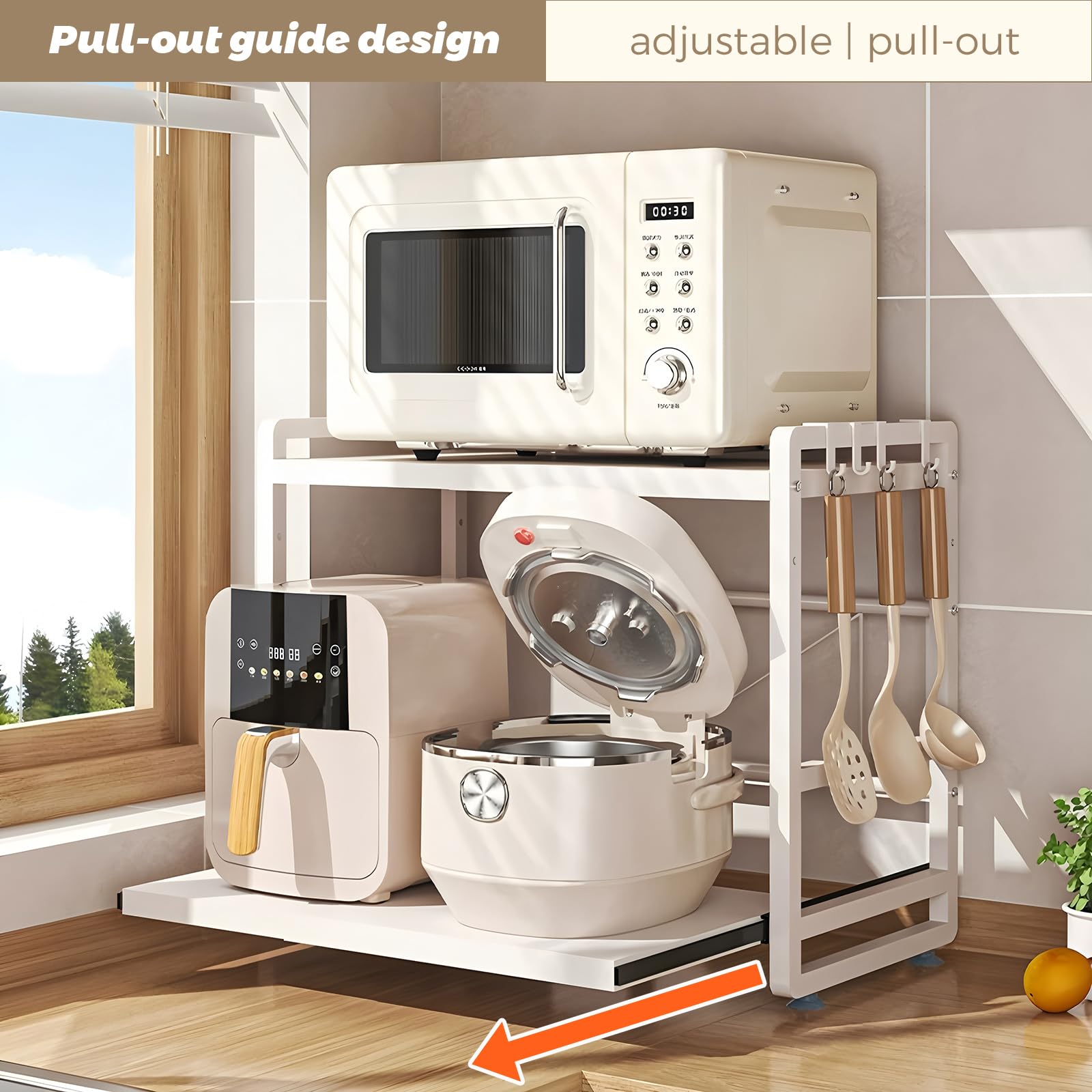 Estante de cocina con 2 niveles, altura ajustable y estante extensible con cajón, acero al carbono, ganchos y ventosas de refuerzo, fácil montaje, color blanco