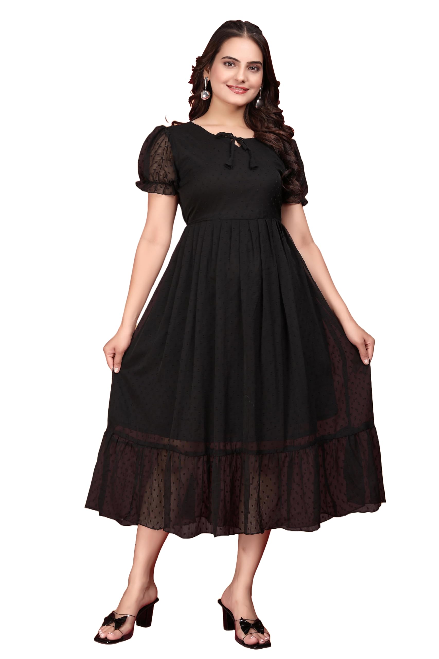 Women's Georgette Printed Polka Dot Pattern Puff Sleeves Maxi Dress for Women | Fit and Flare Below The Knee One Piece-image-30