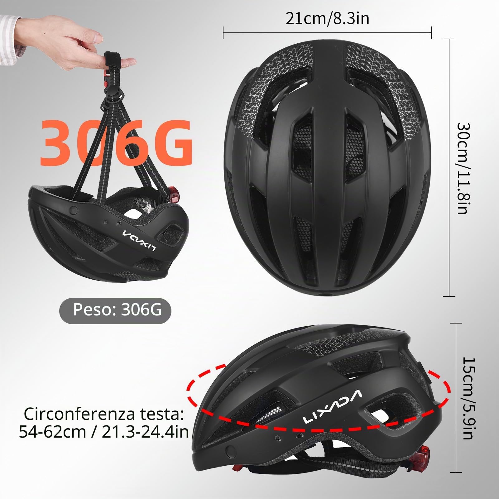 Lixada Casco da bicicletta con luce, 54-62 cm, speciale casco da bicicletta da donna, uomo, bambino, con visiera, pieghevole e posteriore per uomo e donna