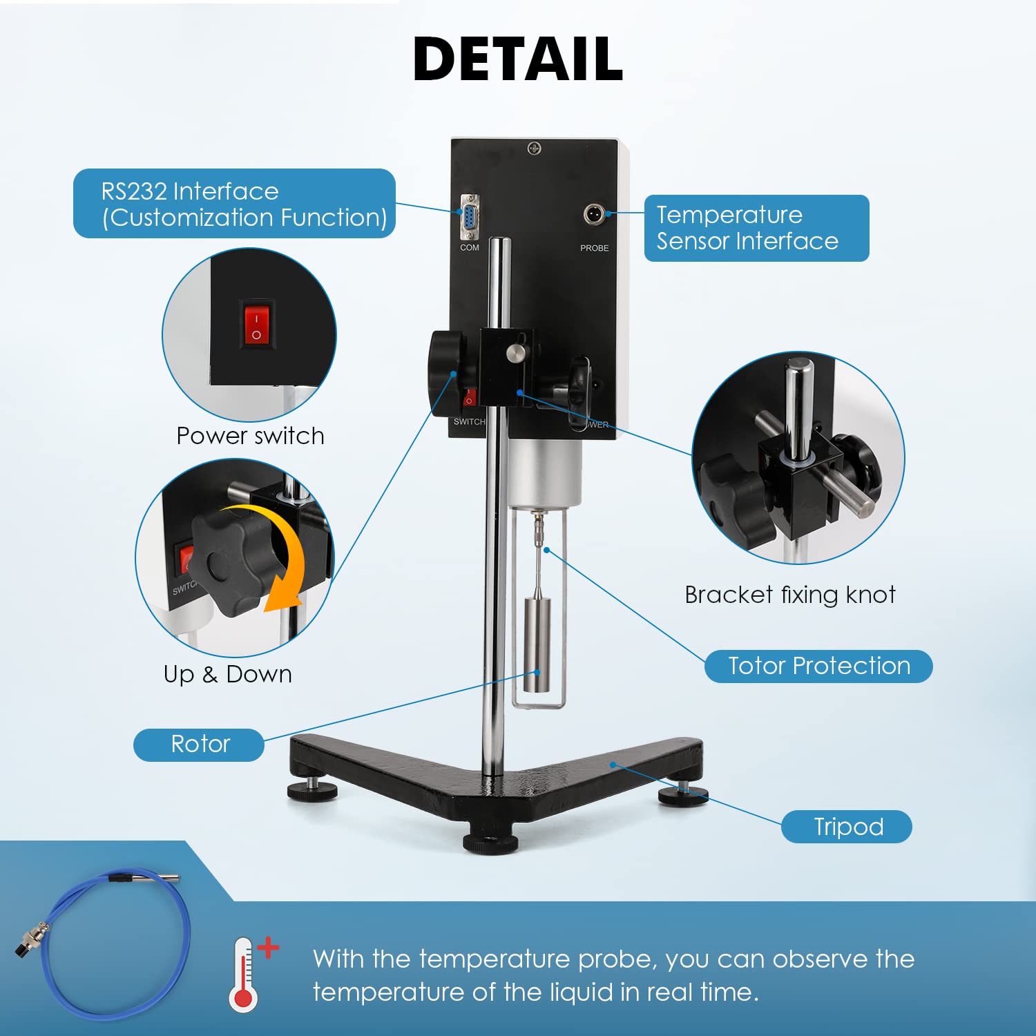 Bonvoisin Viscosímetro giratorio digital de 10-6,000,000 mPa.S, medidor de viscosidad de pantalla táctil con 4 rotores y sonda de temperatura ± 1% de precisión 100-240 V (NDJ-9T)