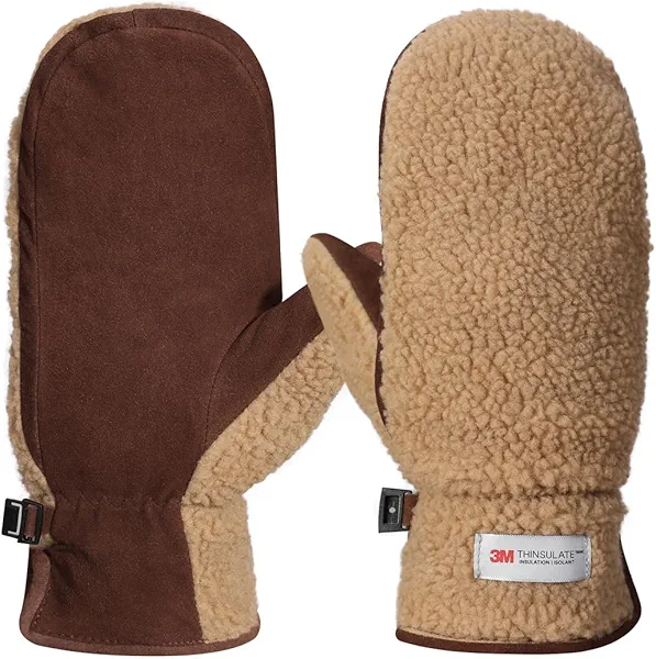 Harssidanzar Women's Sherpa Mitten Genuine Suede Outdoor Mitt Winter For Thermal Lined With Finger Liners SL020US