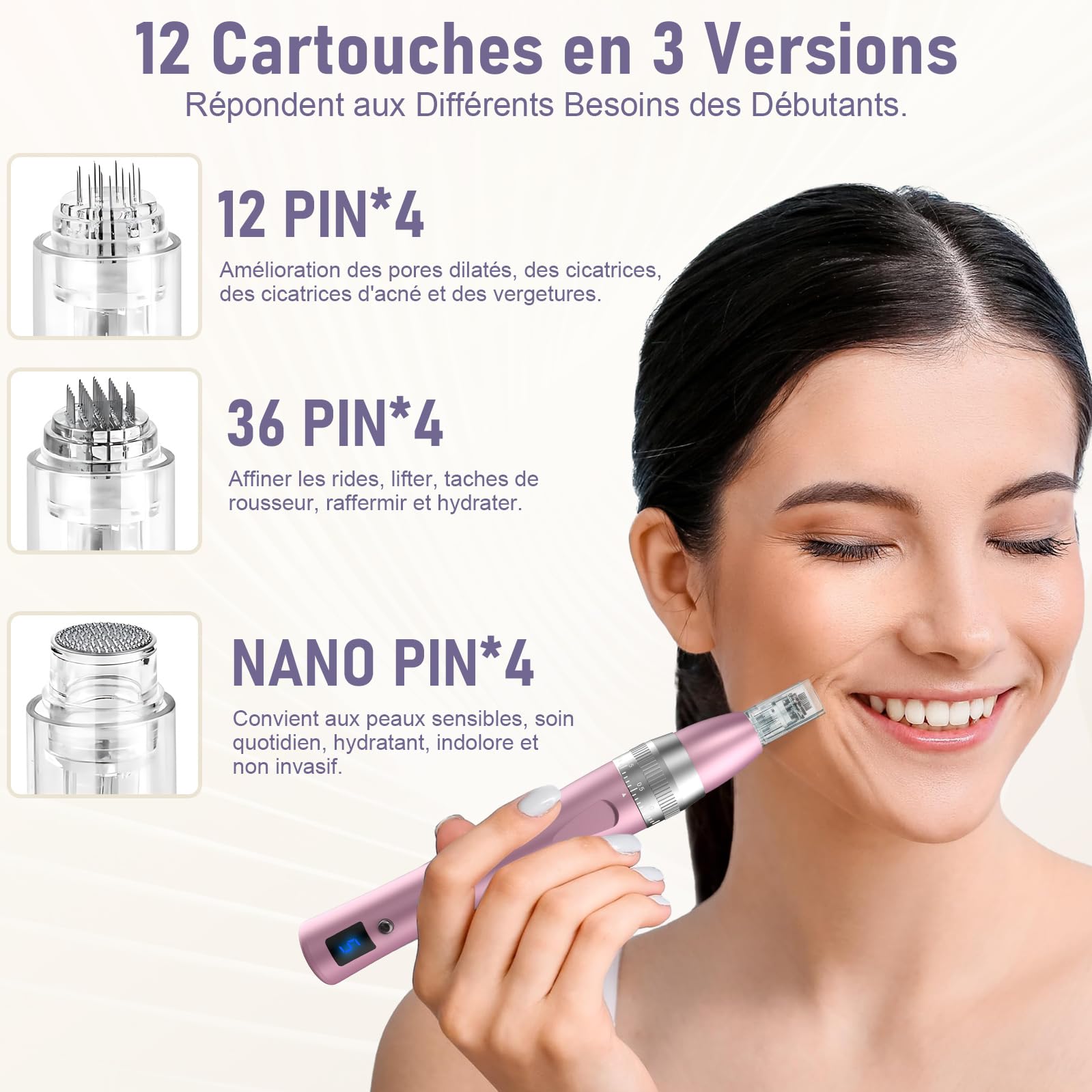 Robofun Stylo Beauté Microneedling avec 7 Lumières, Électrique Microneedling avec 12 Cartouches & 5 Vitesses pour Soin Visage & Corps, Conception Sans Fil et Rechargeable