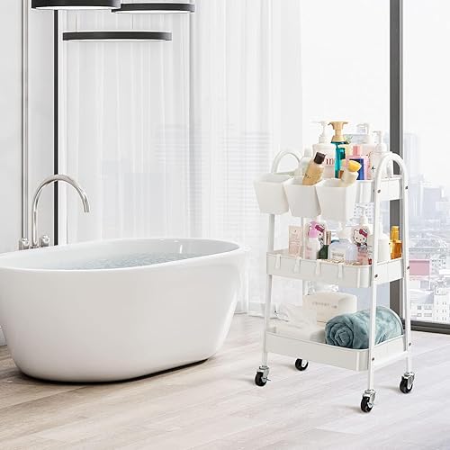 Miniatura 8 de danpinera Carrito rodante de 3 niveles, carrito de almacenamiento de metal con ruedas bloqueables y tazas y ganchos colgantes, carrito móvil para