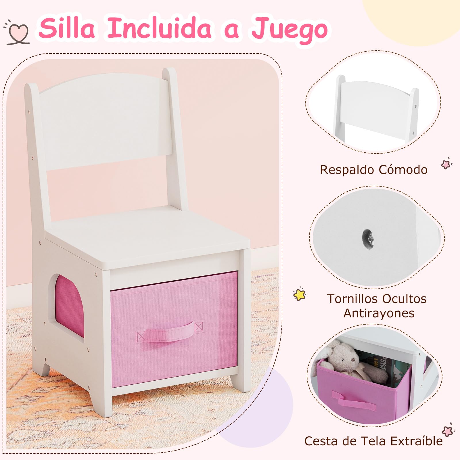 COSTWAY Tocador de Maquillaje Niña, Tocador Niña Madera con Espejo Iluminado, Estantes Abiertos y Cajones de Almacenamiento, Juego de Mesa de Maquillaje Estilo Conejito para Niños de 3+ Años (Blanco)