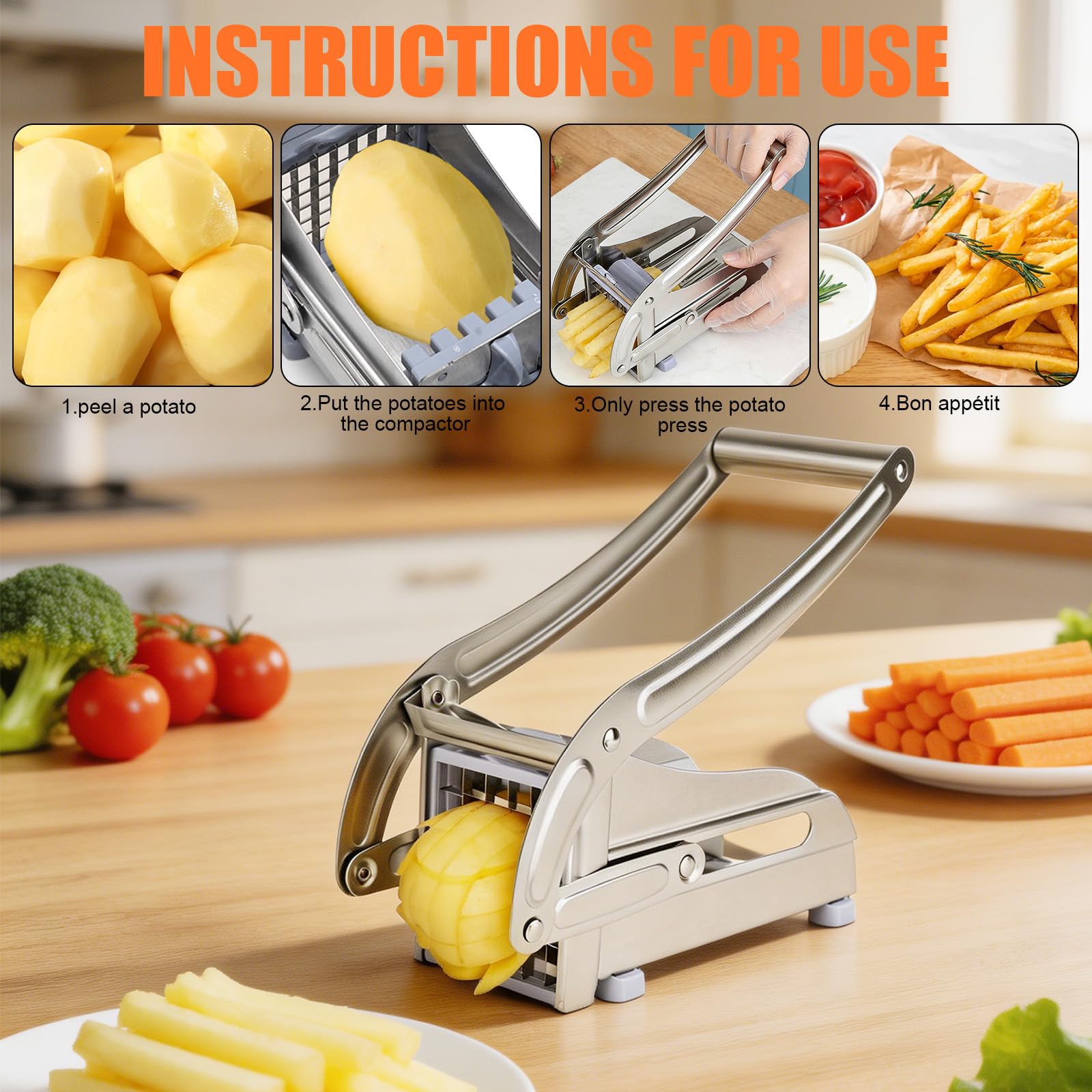 CEWROM Pommesschneider Edelstahl, Kartoffelschneider Scheiben mit 2 Klingengrößen, Kartoffelschneider für hausgemachte Pommes, Pommesschneider Edelstahl mit Rutschfester Saugtechnologie