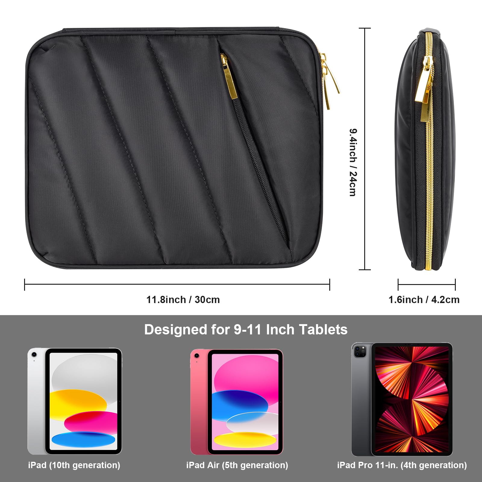 9-11 Inch iPad Sleeve Case, Puffy Padded Pouch Bag for iPad Pro 11-in (M4), iPad 10.9 (10th Gen), iPad Air 11-in (M2), Galaxy Tab S9/S8 (Black-11)