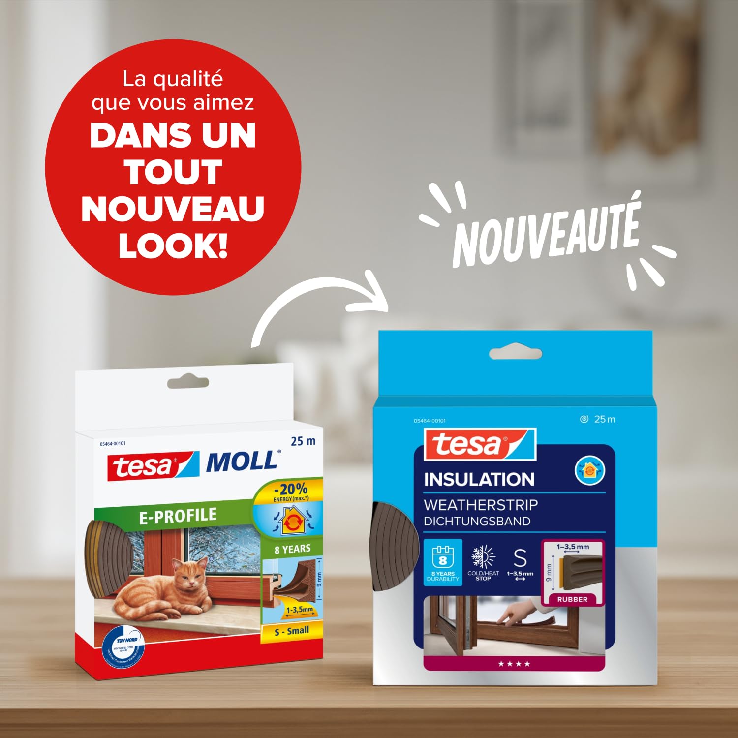 tesa INSULATION Bande d'étanchéité S - Joint en caoutchouc autocollant pour l'isolation des fentes des fenêtres et des portes - Marron - 25 m x 9 mm x 4 mm