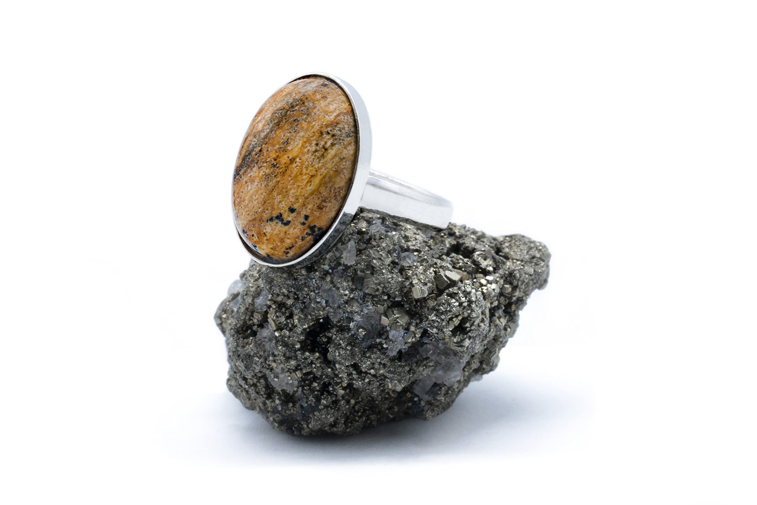 Anillo de Plata 925 con Jaspe Paisaje (Piedra Natural) 18x13mm - Disponible Anillo Ajustable y Fijo, Tamaño de XS a XXXL, para Hombre, para Mujer - Caja Regalo Gratis