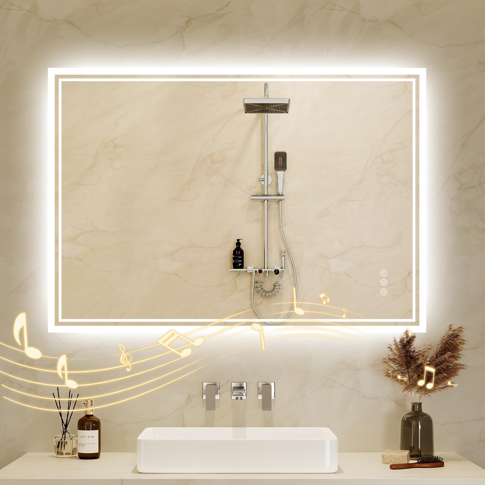 Badspiegel-mit-Beleuchtung 70x100cm: LED Badezimmer-Spiegel Badezimmerspiegel mit Bluetooth, Beschlagfrei, Touch-Schalter, 3 Lichtfarben Dimmbar Spiegel Bad für Badezimmer