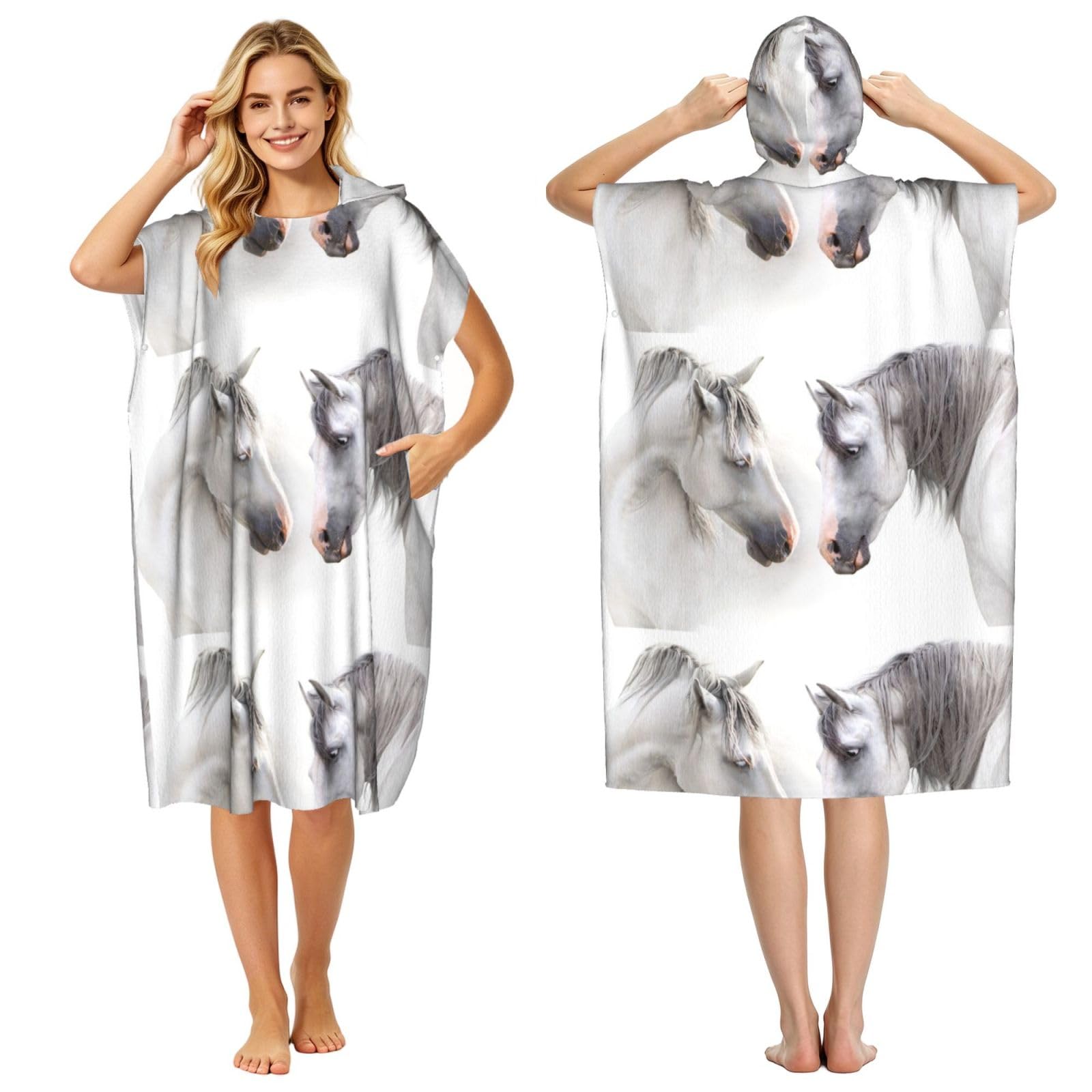 Poadnly White Horses, Adult Hooded Beach Towel 90 x 110 cm,Changing Bath Robe, Surf Poncho Towel For Women Men