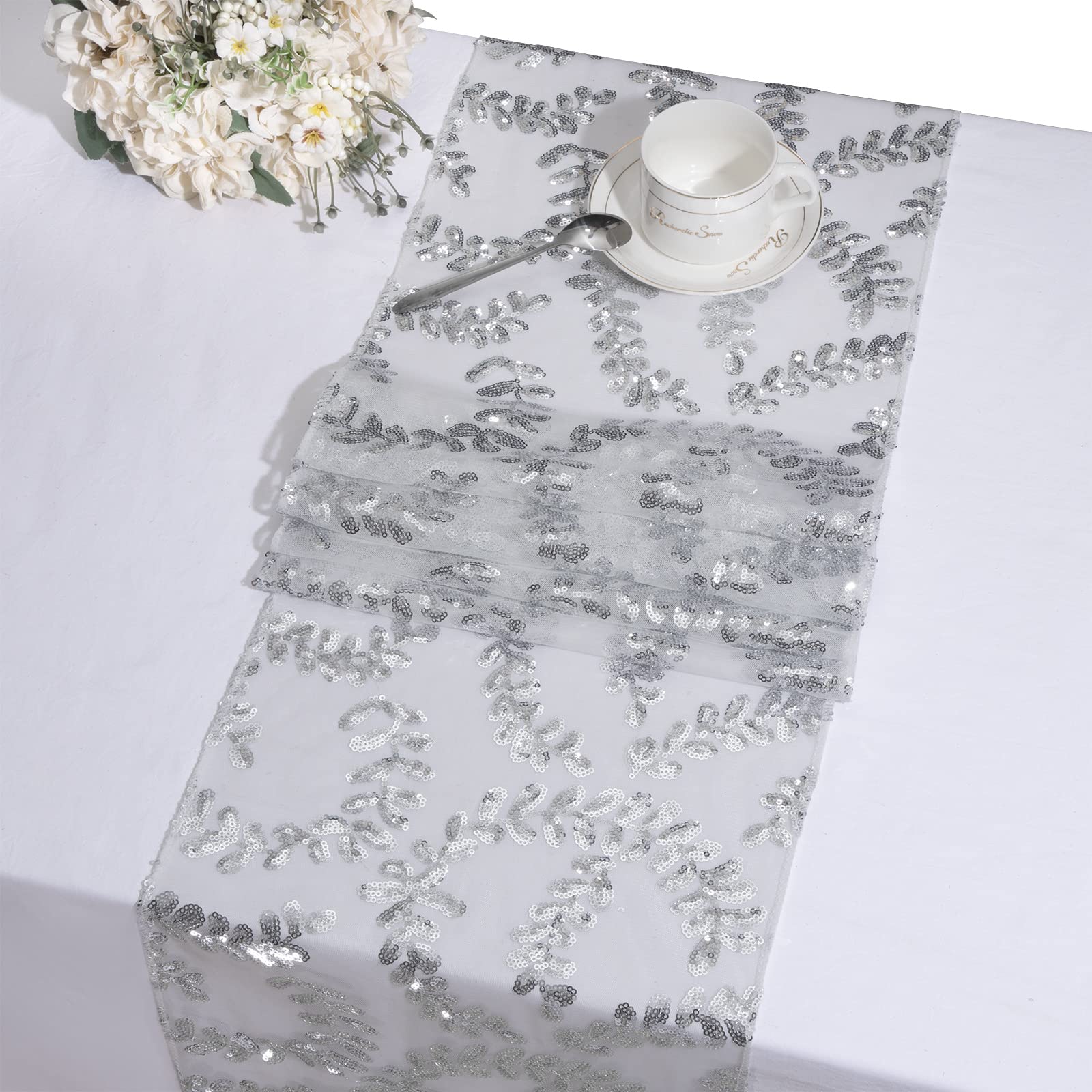Runner Da Tavola 30x250 Cm Con Paillettes Argento - Tovaglia Lunga Per Matrimoni E Feste Eleganti