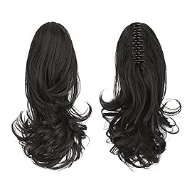 Sofeiyan 13 Ponytail Extension Long Curly Ponytail Clip in Claw Hair Extension Natural Looking Synthetic Hairpiece for Women, Darkest Brown Tend to Black