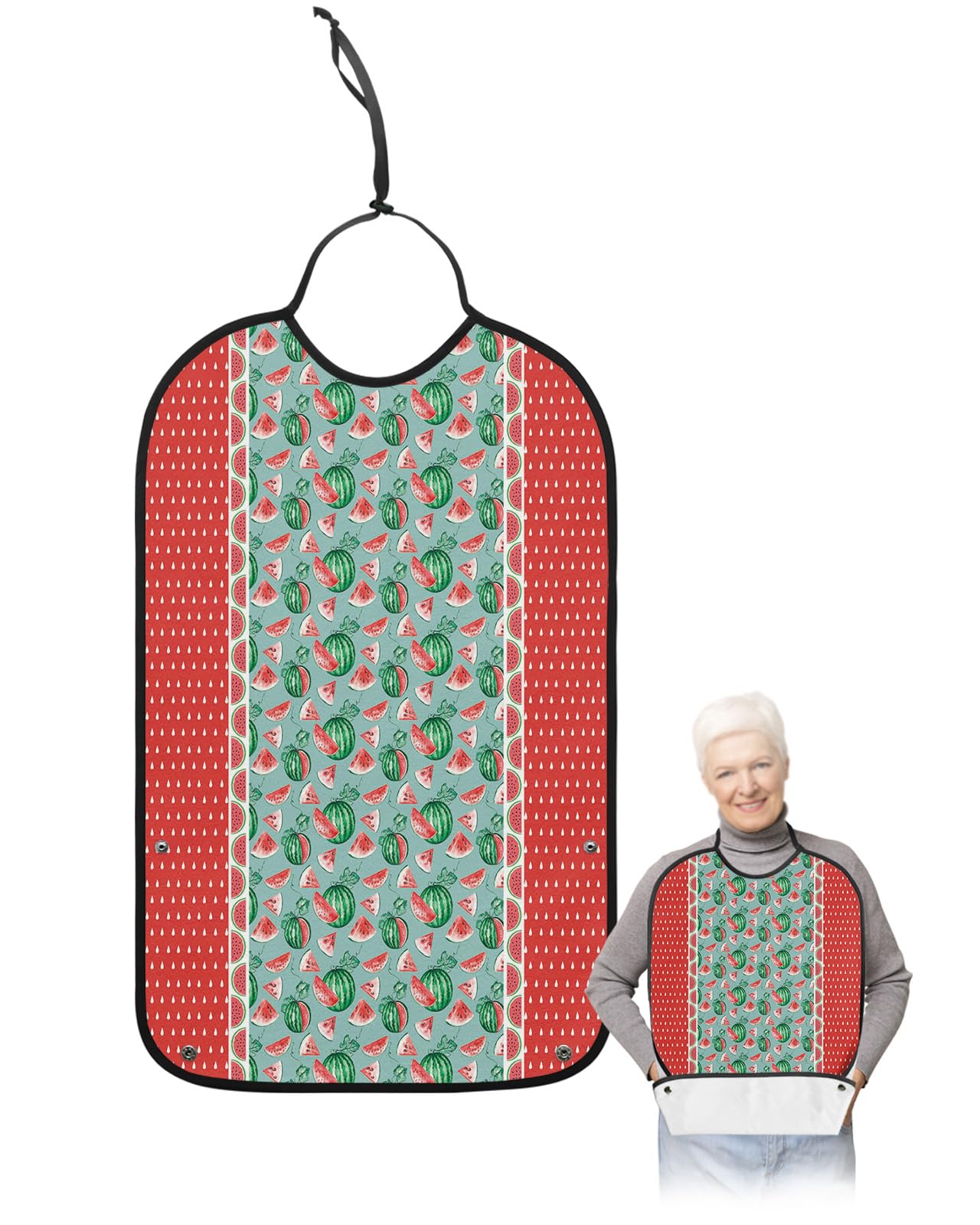 Summer Watermelon Adult Bibs for Eating, Waterproof Bibs with Food Catcher & Adjustable Snap Closure, Red Polka Dots Green Tropical Fruit Washable Clothing Protectors Adult Bibs for Elderly Women/Men