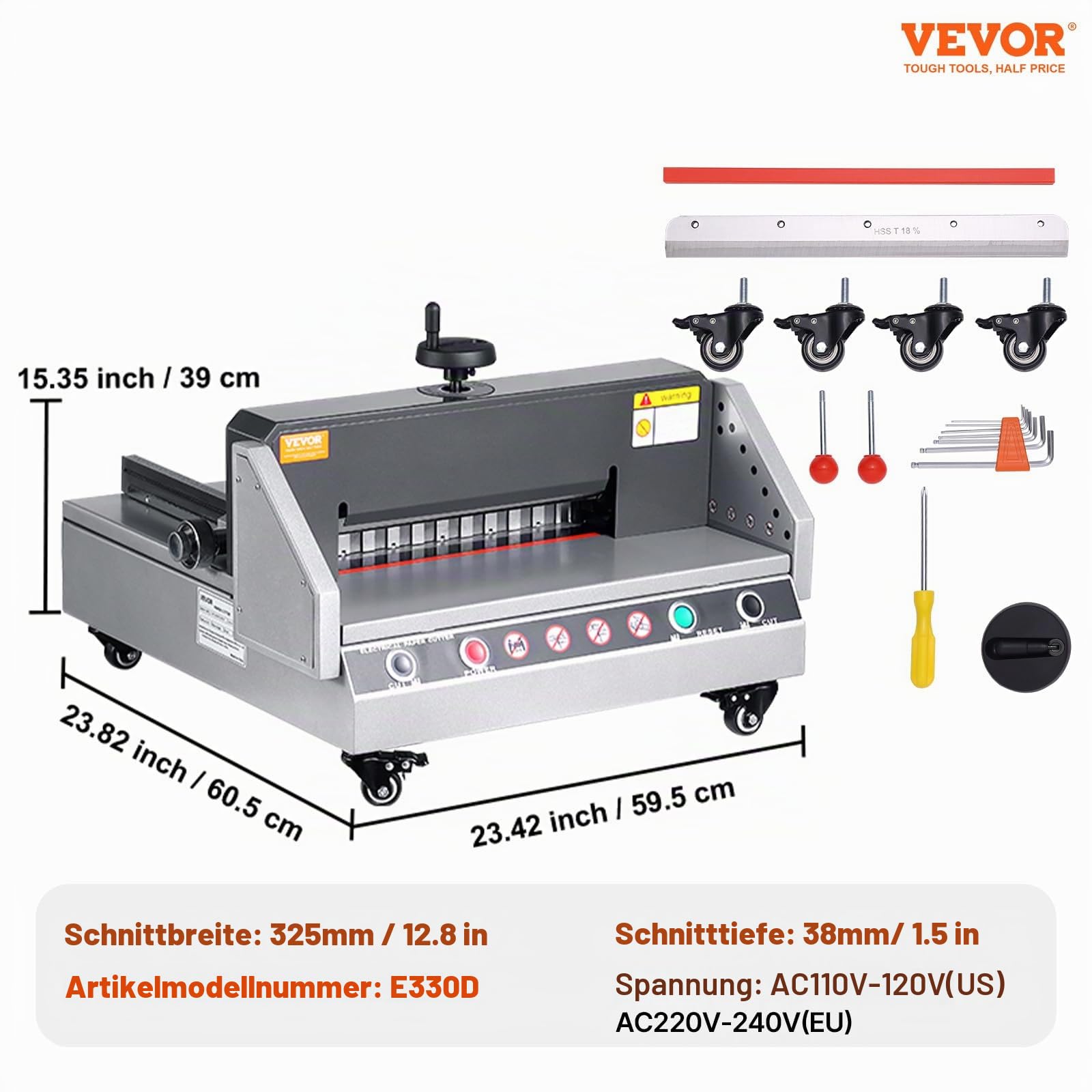 VEVOR Papierschneidemaschine, Schnittbreite von 0 – 330, elektrischer Papierschneider, Lenkrad und Stahlklinge, Papierschneider, 360°-Rollen
