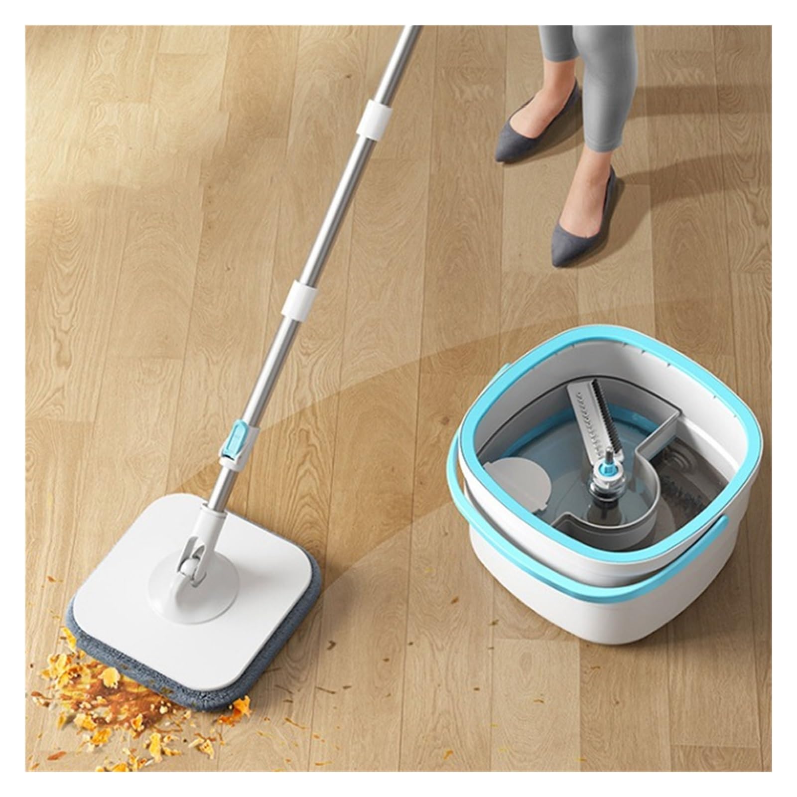 Juego de trapeador giratorio de superficie plana y cubo, trapeador separador de agua limpia y aguas residuales, trapeador de presión manos libres, limpieza de pisos, herramientas de limpieza del hogar