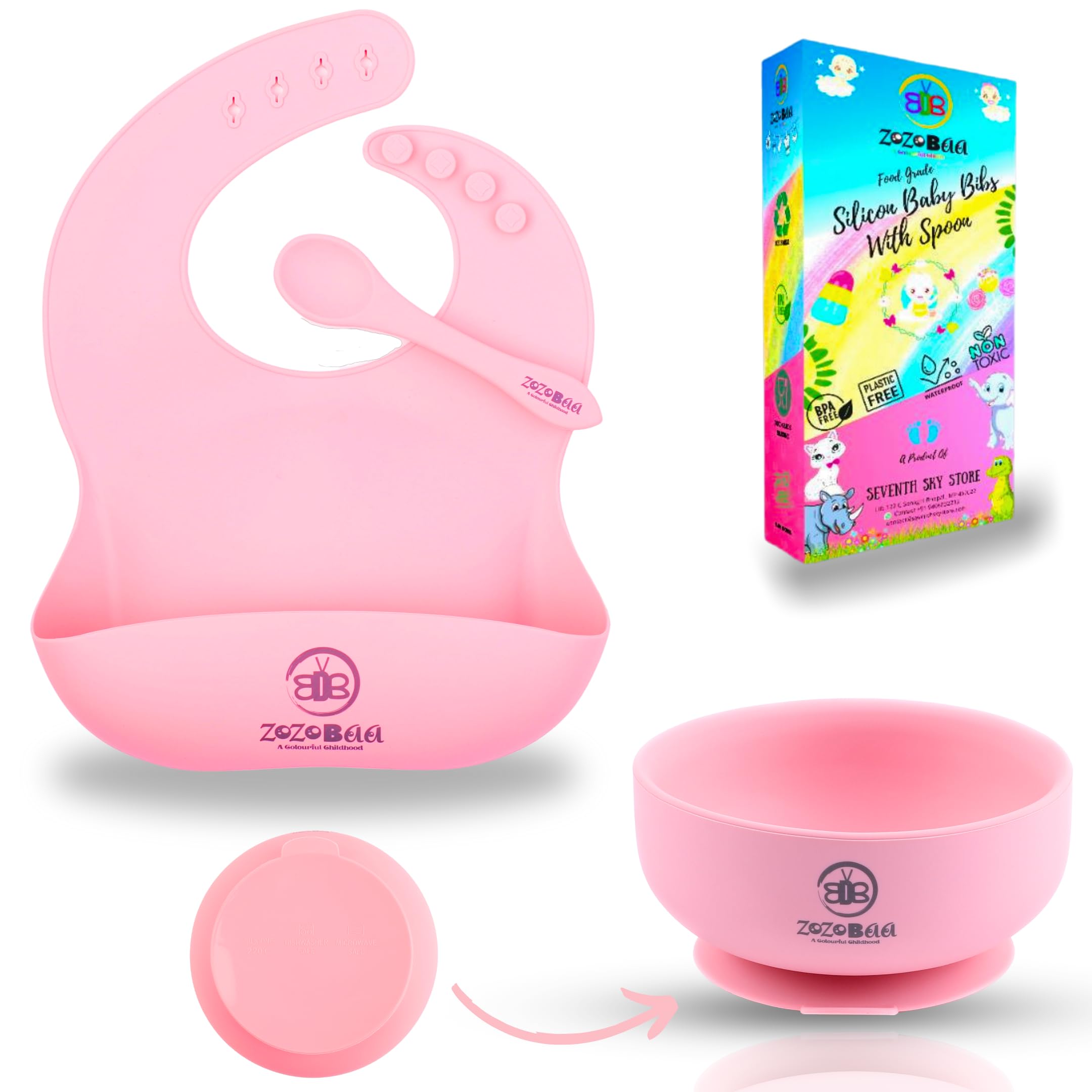 ZoZoBaa Silicone Baby Bowl & Spoon with Adjustable Bib | Strong Suction Base Bowl | First Stage Feeding Set for BLW Training | Microwave Safe, BPA Free, Food Grade, Pack of 3, Pink