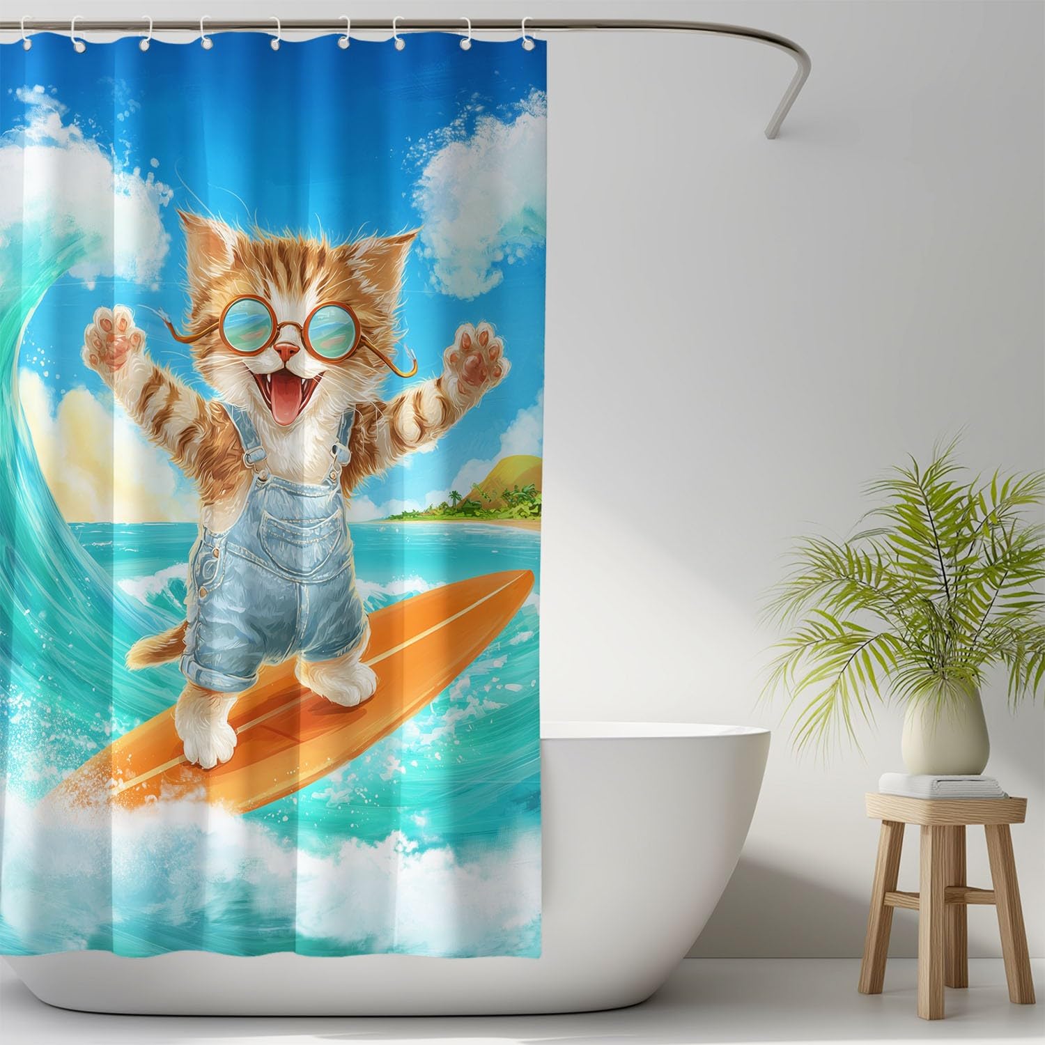 Cortina de ducha de dibujos animados para animales, cortina de ducha, 180 x 200 cm, antimoho, tela lavable divertida, borde de mar, surf, gato, tigre, cortinas, baño con ganchos, azul