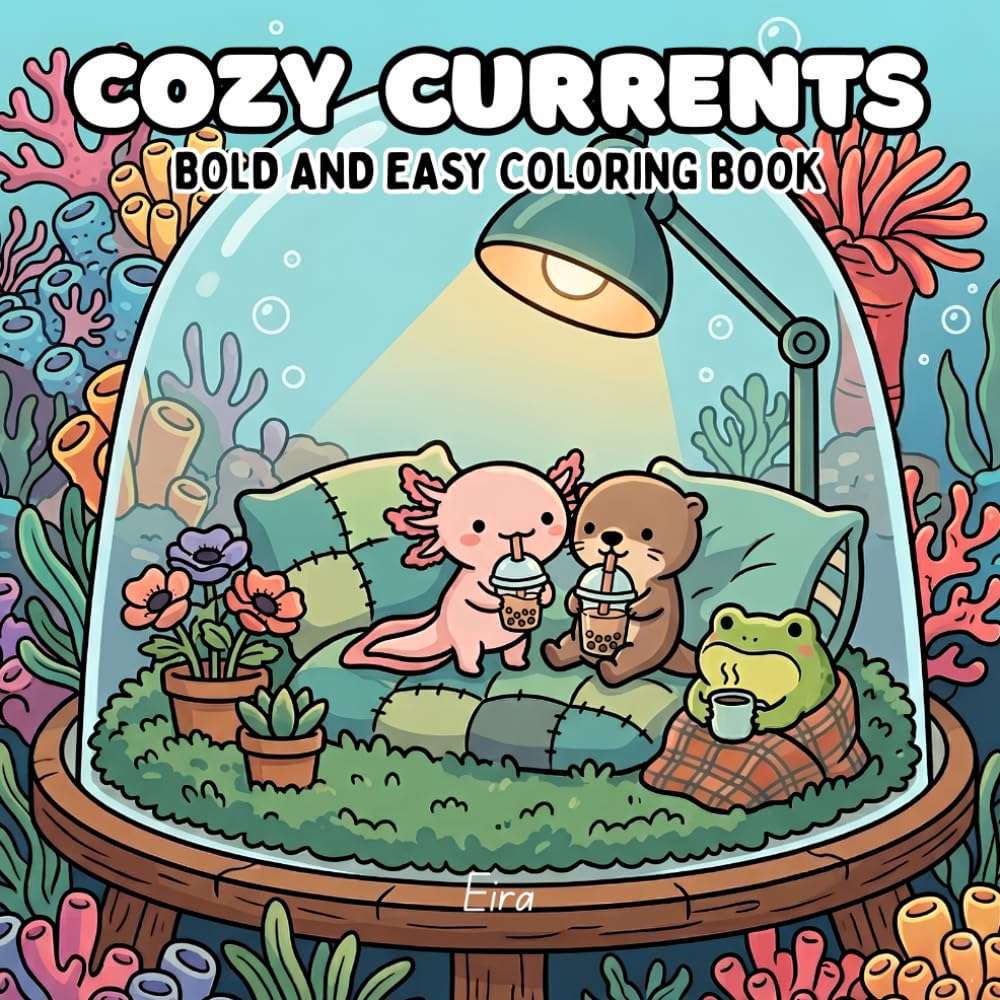 Cozy Currents: Bold and Easy Coloring Book for Adults and Teens Featuring Cute Axolotls, Chubby Frogs, and Sweet Sea Otters for Cozy Relaxation