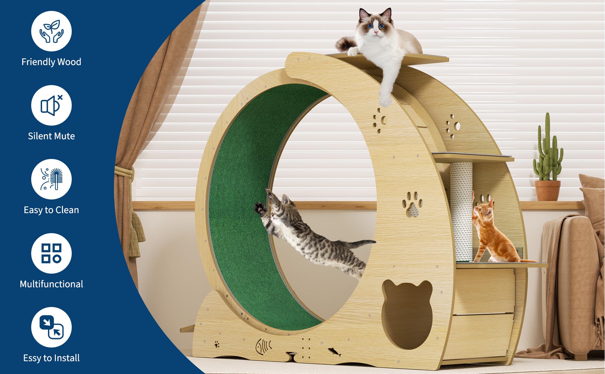 4-in-1-Katzen-Laufrad, großes Katzenlaufband, großes leises Laufrad mit Kratzunterlage und Spielrolle, stabile Holzbasis für Indoor-Katzen