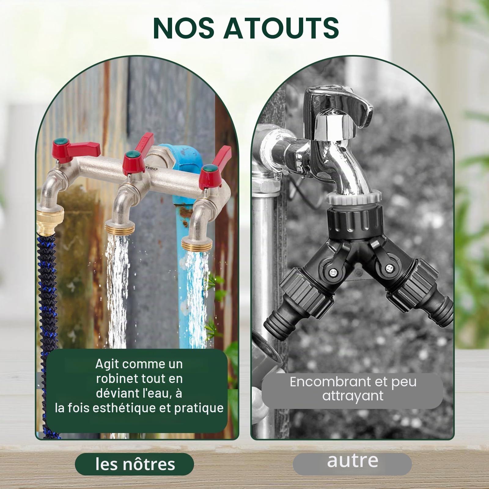 Robinet 3 voies, robinet de jardin et répartiteur 2 en 1, distributeur de robinet en laiton avec poignée allongée, entrée 1/2" et trois sorties 3/4" avec adaptateur de robinet marche/arrêt
