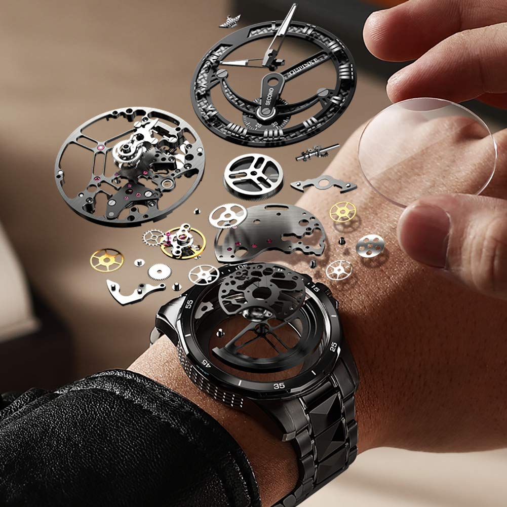 OUPINKE Reloj de pulsera automático para hombre, esqueleto plateado, esfera luminosa 3D con correa de acero de tungsteno luminosa impermeable de 5 ATM, cristal de zafiro, dos tonos, Correa negra,
