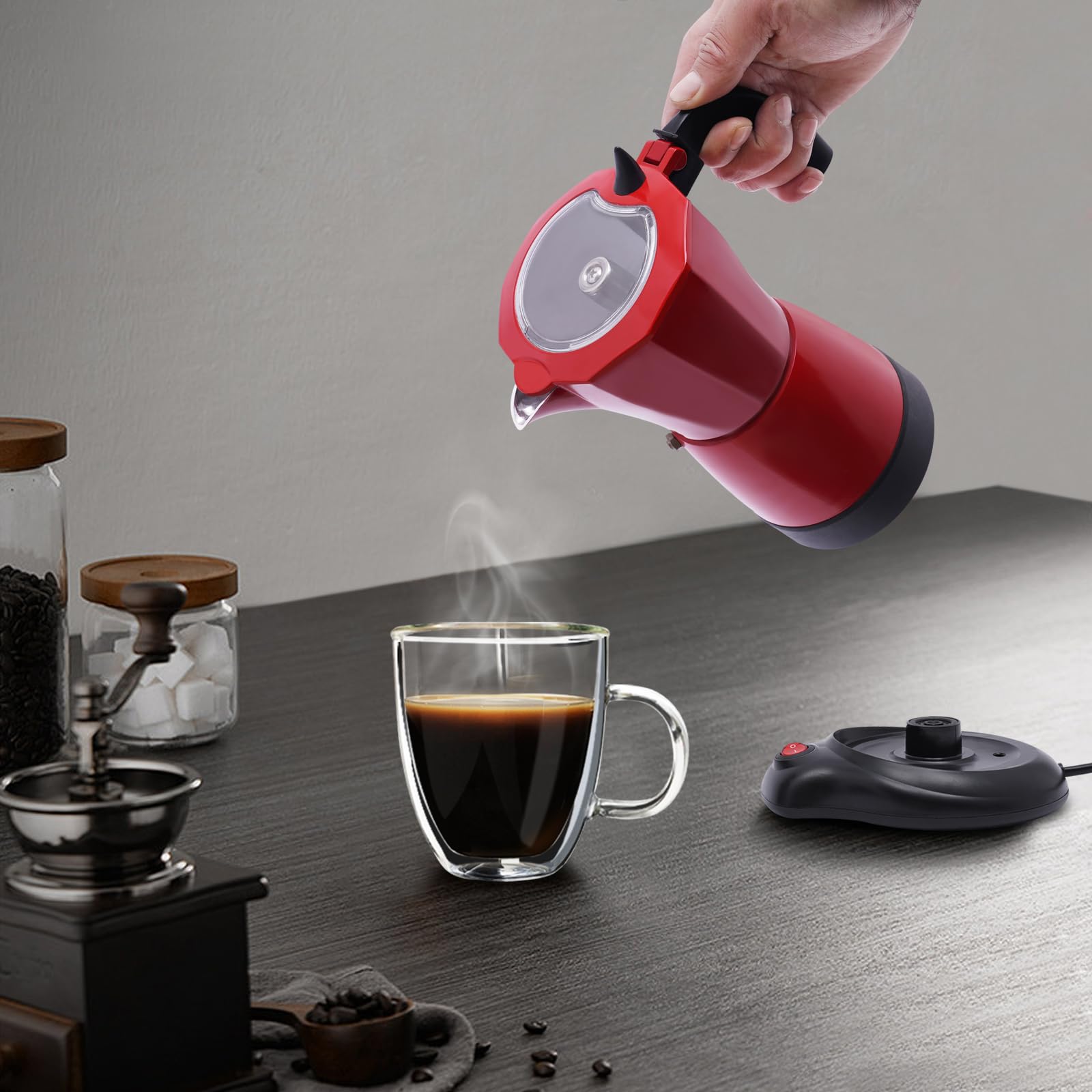 Cafetera espresso eléctrica, 480 W, cafetera moka con base, 1 – 6 tazas, máquina de café con base giratoria 360°, adecuado para casa, oficina, viajes, color rojo