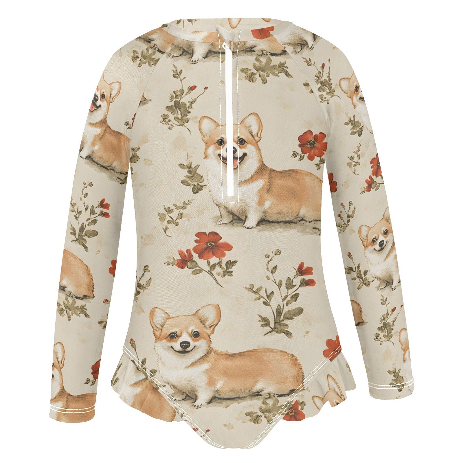 ALAZA Swimsuit for Girls Long Sleeve Rashguard Bathing Suit Dog Red Flower Quick Dry 4T