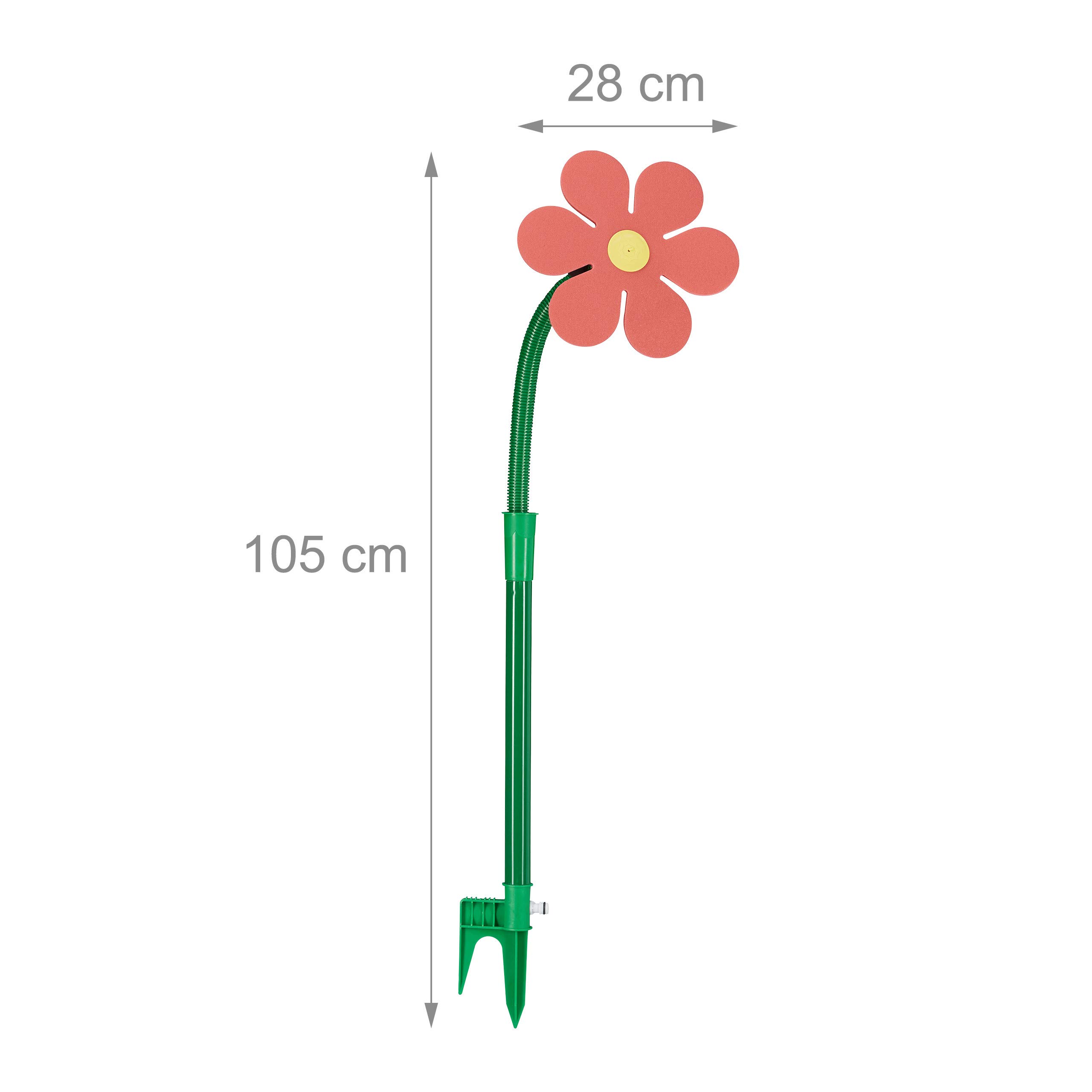Relaxdays Set 2 irrigatori da giardino a forma di fiore, bambini, gittata 6 m, 360° HxLxP: 105 x 28 x 28 cm rosso giallo