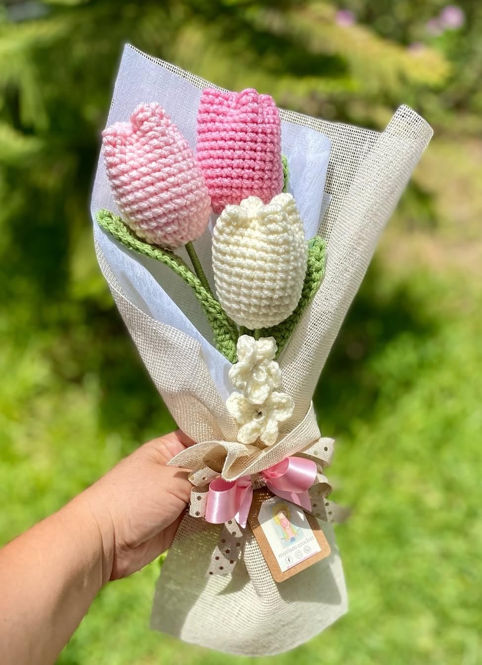 THD Tulip Crochet Flower Bouqute for Giffting Handmade Flower Mothers Day Anniversary Birthday (Pink Cream Dark Pink, 13)